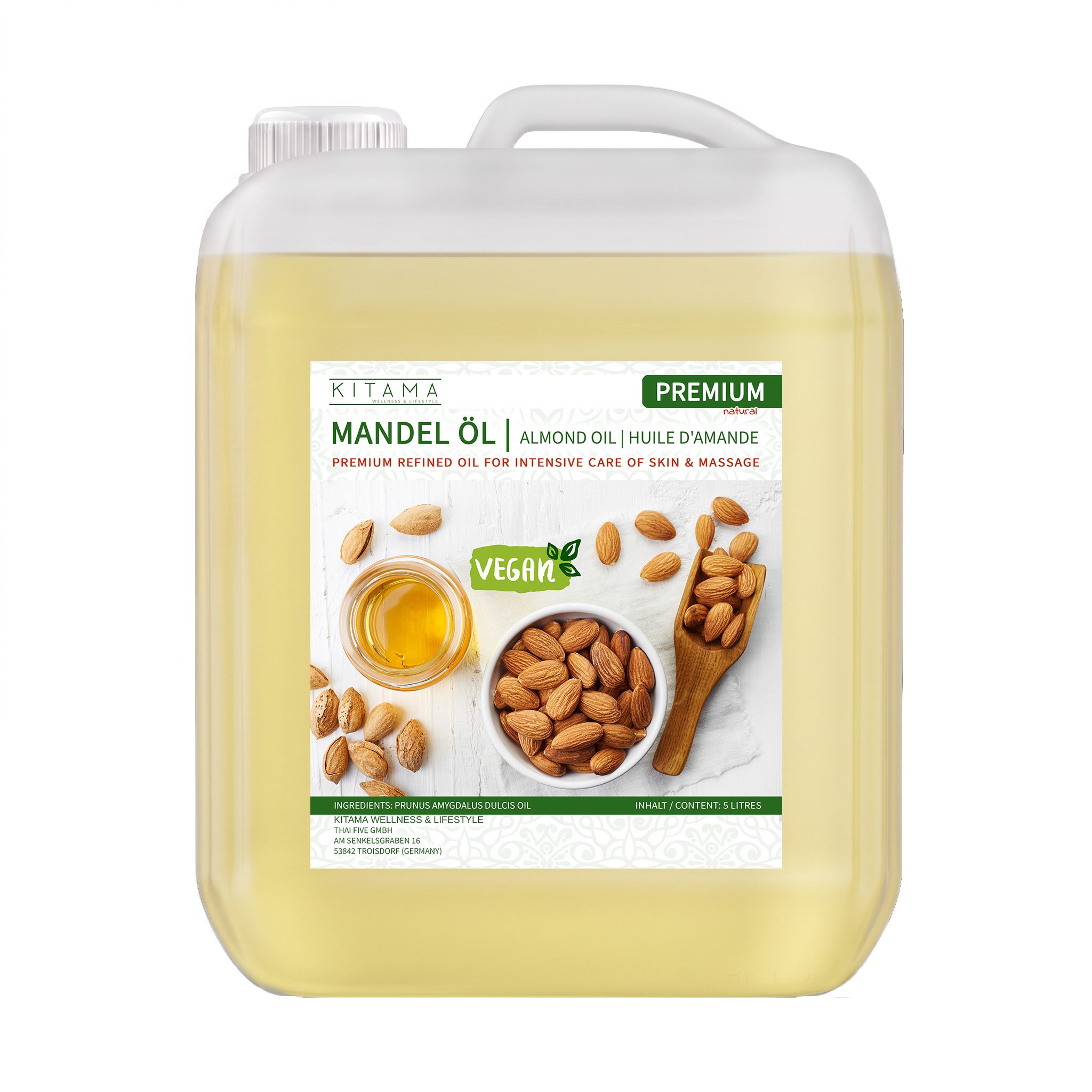 Kitama Körperöl Mandelöl Naturkosmetik - sanftes Baby-Öl, Pflege-Öl für Haut & Haar 5-Liter, Basisöl Massageöl