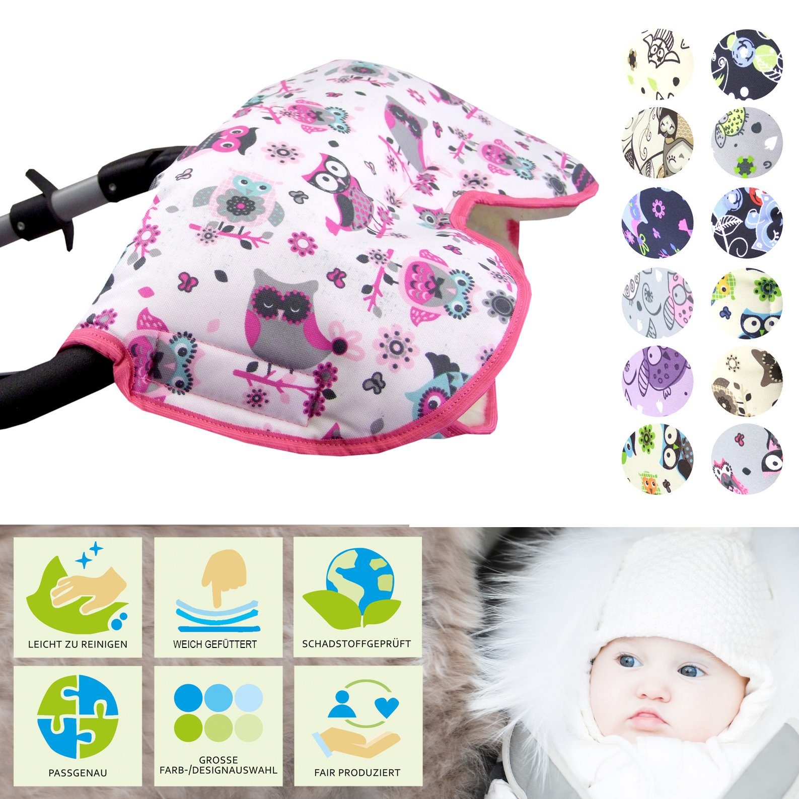 BambiniWelt by Rafael K. Kinderwagen-Handwärmer Handschuhe Muff Handwärmer Handmuff für Kinderwagen EULE Wolle, Universalgröße