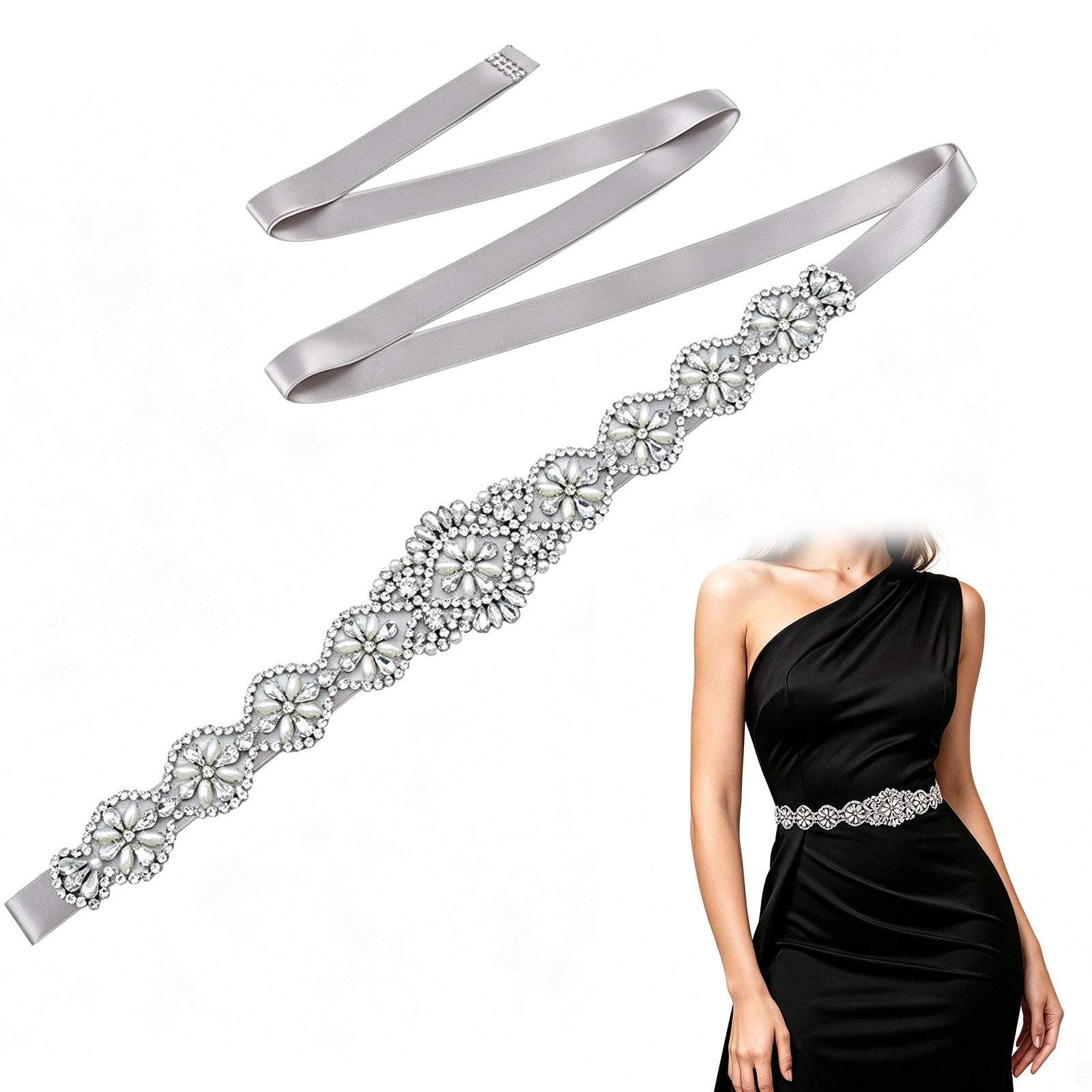 MOPUEA Kettengürtel Kettengürtel Strass Brautgürtel verstellbar Band für Hochzeit & Kleid (Brautgürtel mit Strassbesatz und weichem Satinband für Damen ideal, Strassgürtel 36,5 x 5 cm Band 275 x 2 cm weich leicht verstellbar) Weich verstellbar funkelnd formstabil sehr bequem an der Taille