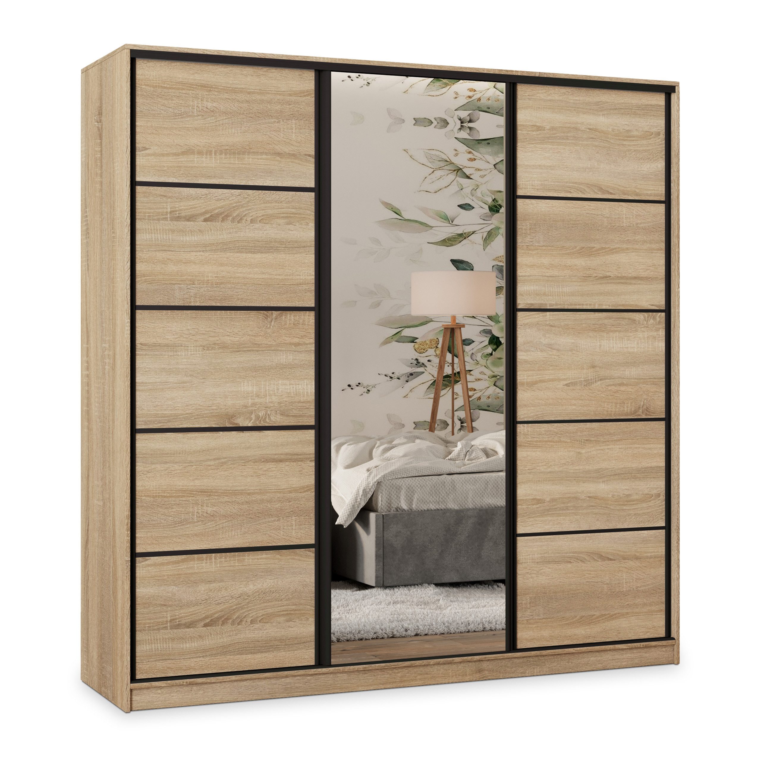 Masseno Schwebetürenschrank PINA Kleiderschrank mit Spiegel und Schubladen Schlafzimmerschrank