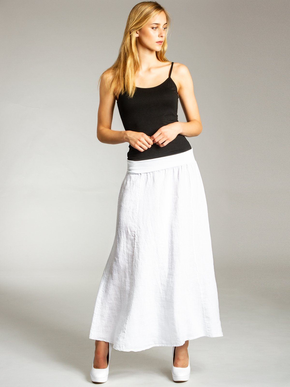 Caspar Faltenrock RO019 Damen langer Maxi Sommer Leinenrock mit figurfreundlichem Stretch Bund - Made in Italy