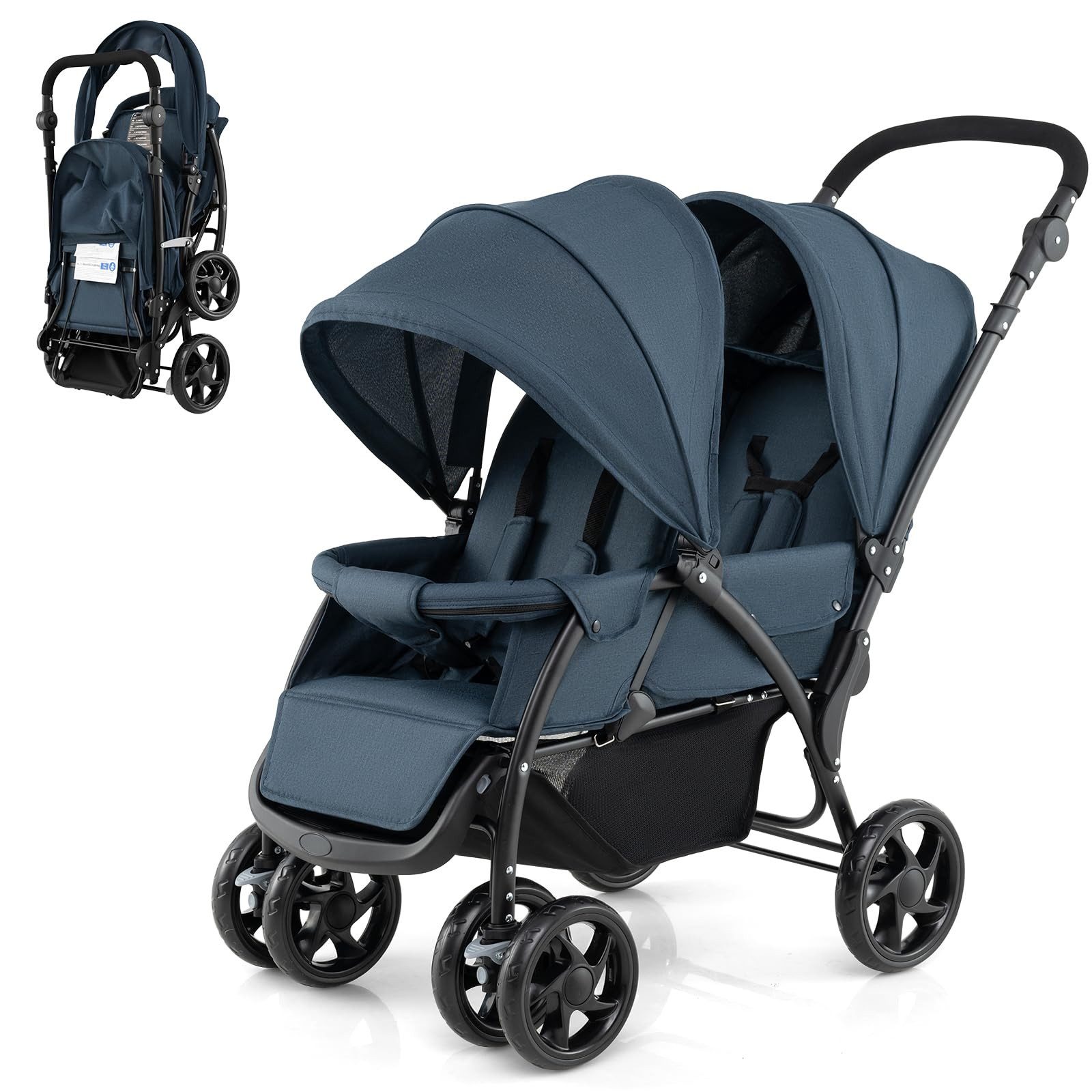 COSTWAY Geschwisterwagen Zwillingsbuggy, mit 5-Punkt Gurt & Einkaufskorb