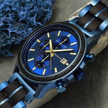 Holzwerk Chronograph BLAUSTEIN Herren Holz Armband Uhr, blau, schwarz, gold