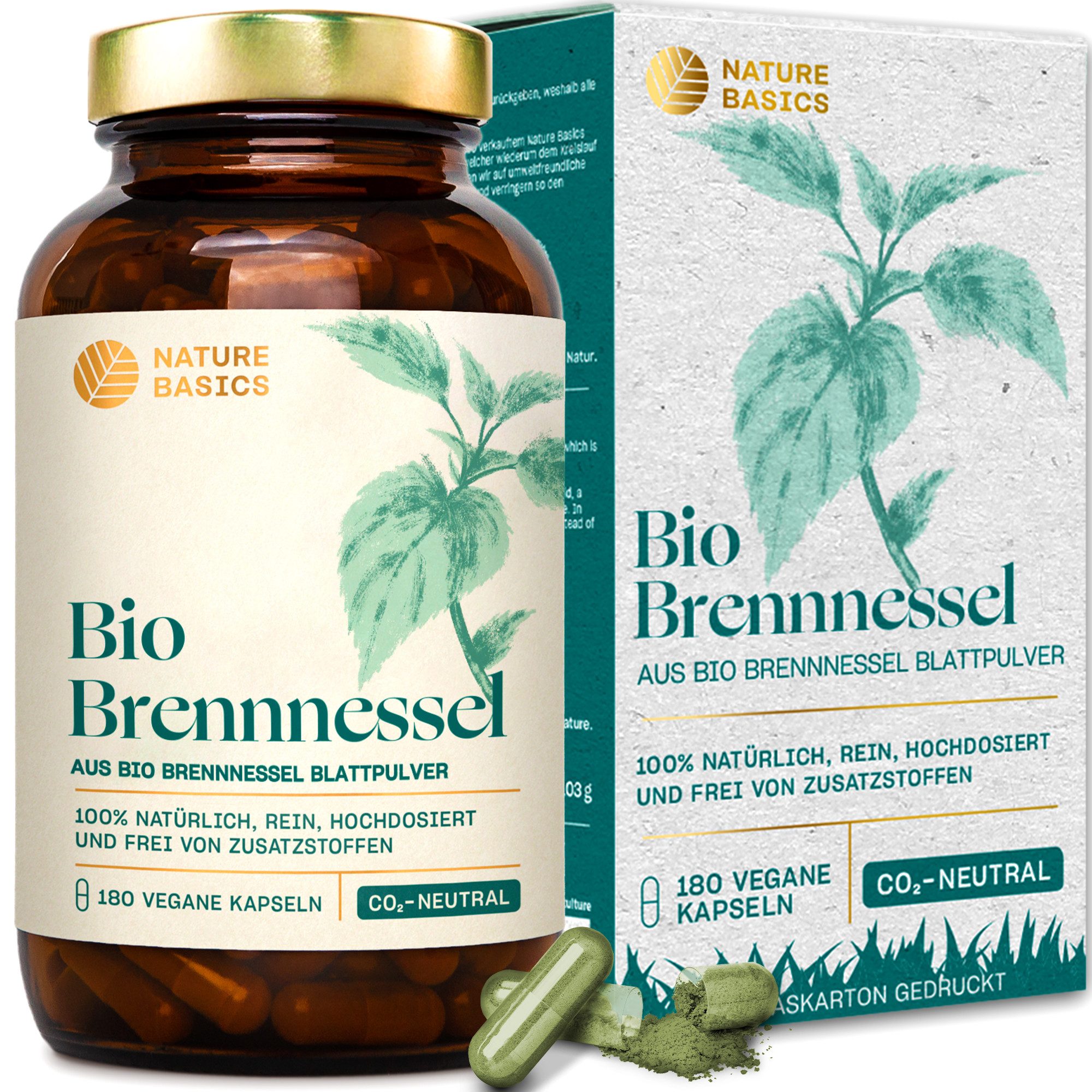 Nature Basics Hochwertiges Bio Brennnessel Vegan im Braunglas 180 Kapseln, 180 St., 103 g