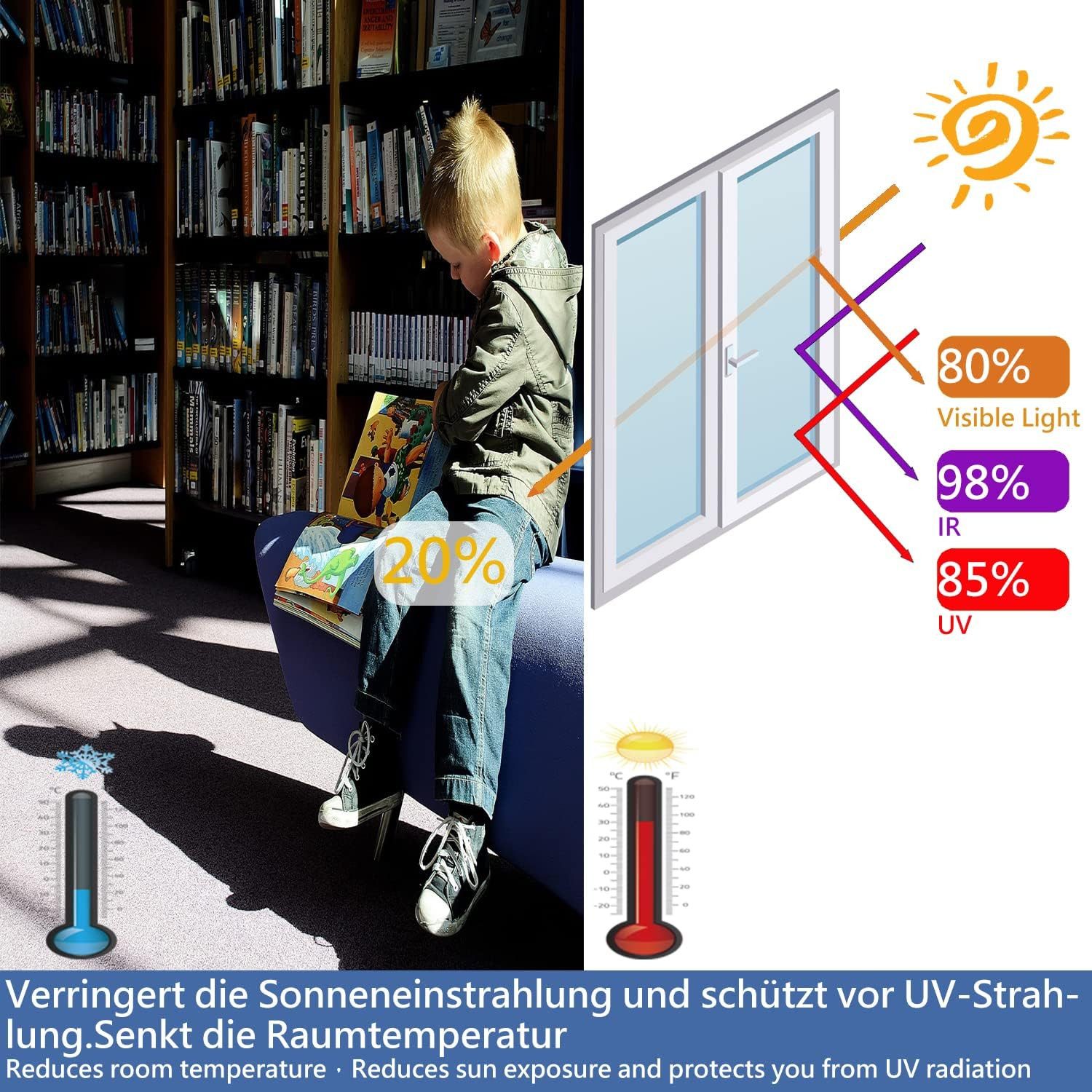 Coonoor Sonnenschutz-Fensterfolie UV-Schutz Sonnenschutzfolie Fenster innen oder außen, Spiegelfolie Fenster Sichtschutz Selbstklebend Fensterfolie – Bild 4 von 5
