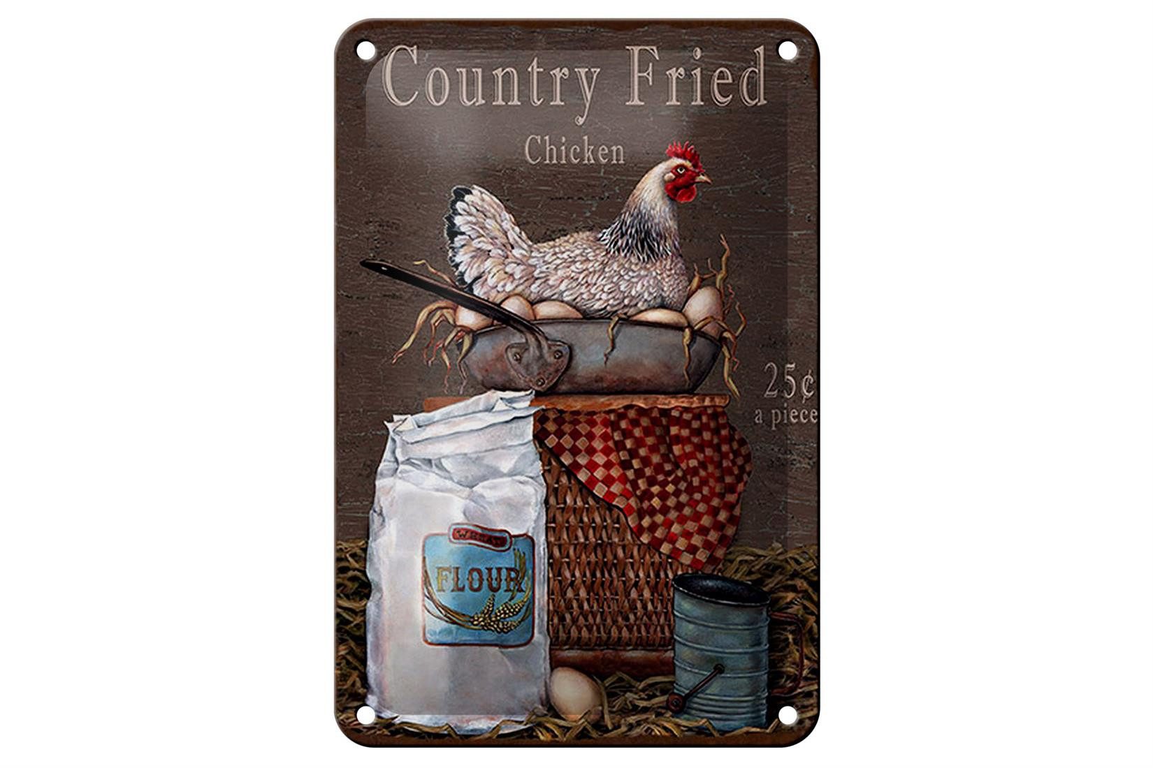 Femer GmbH Metallschild Spruch 12x18cm Huhn country Fried Chicken, (1 St), gewölbte Oberfläche, abgerundete Ecken, umgeschlagene Kanten