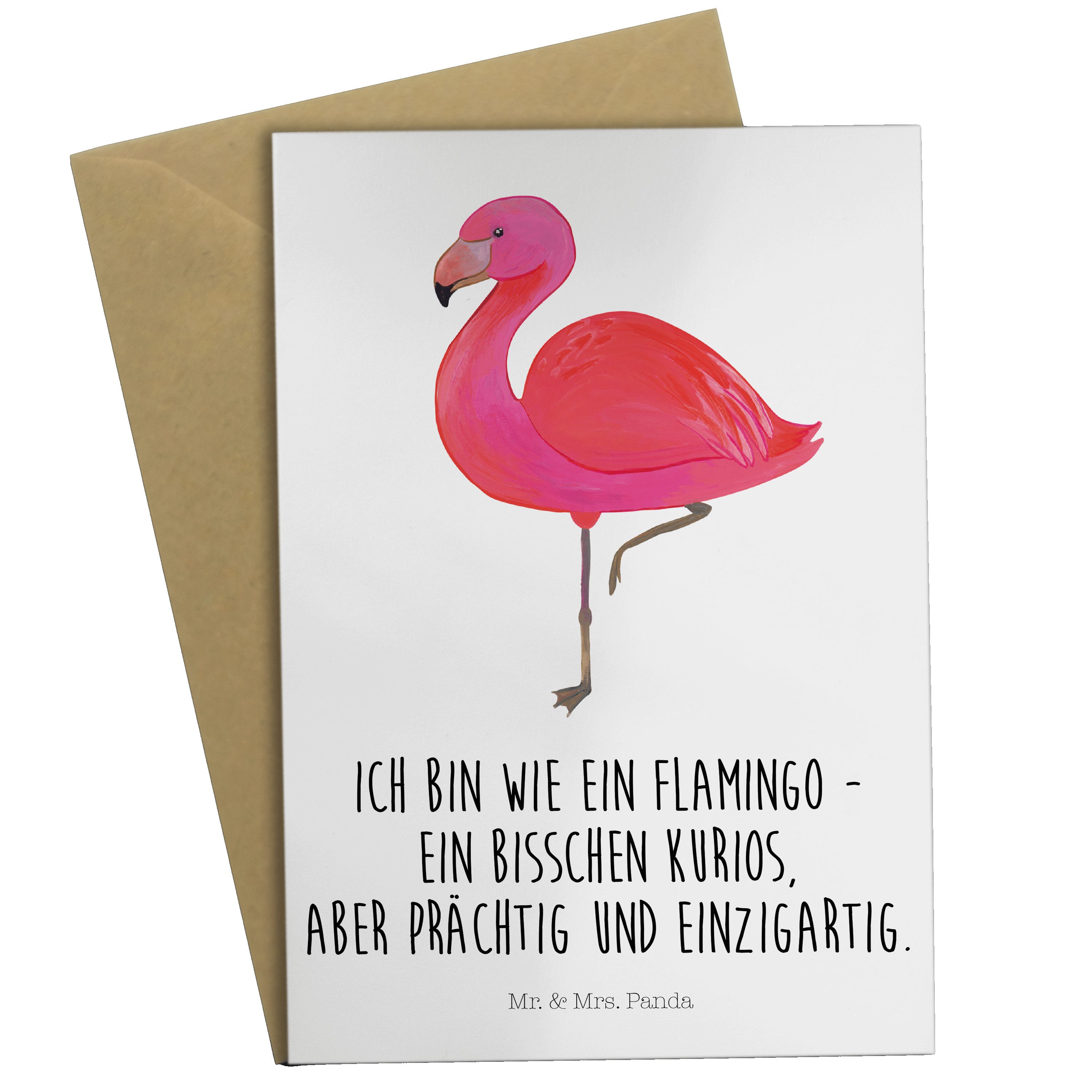 Mr. & Mrs. Panda Grußkarte Flamingo classic - Weiß - Geschenk, Karte, Geburtstagskarte, glücklic