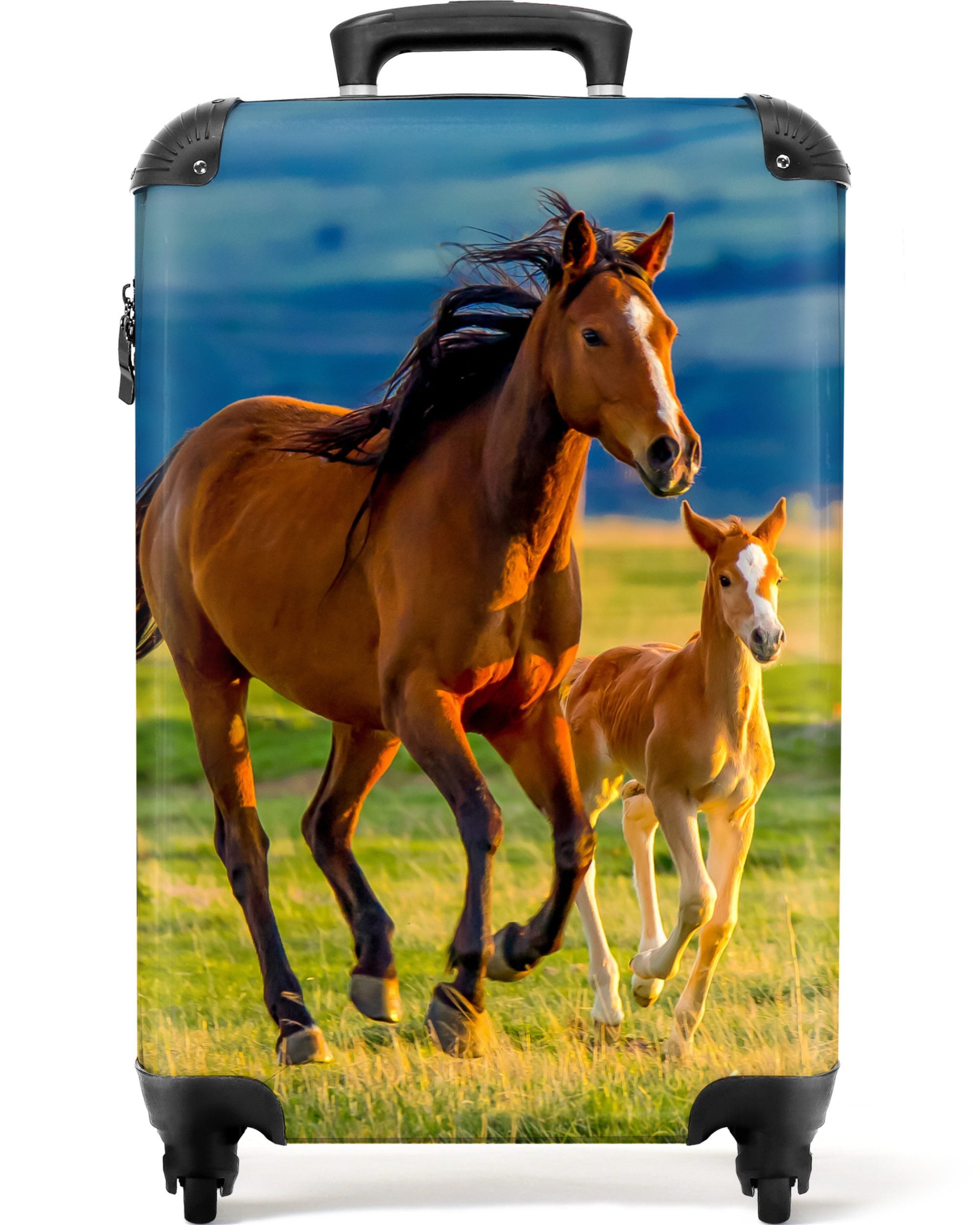 NoBoringSuitcases.com© Hartschalen-Trolley Pferde - Tiere - Landschaft - Sonne - Kinder 55x35x20cm, Kinder Koffer Klein, Trolley Handgepäck, Reisekoffer