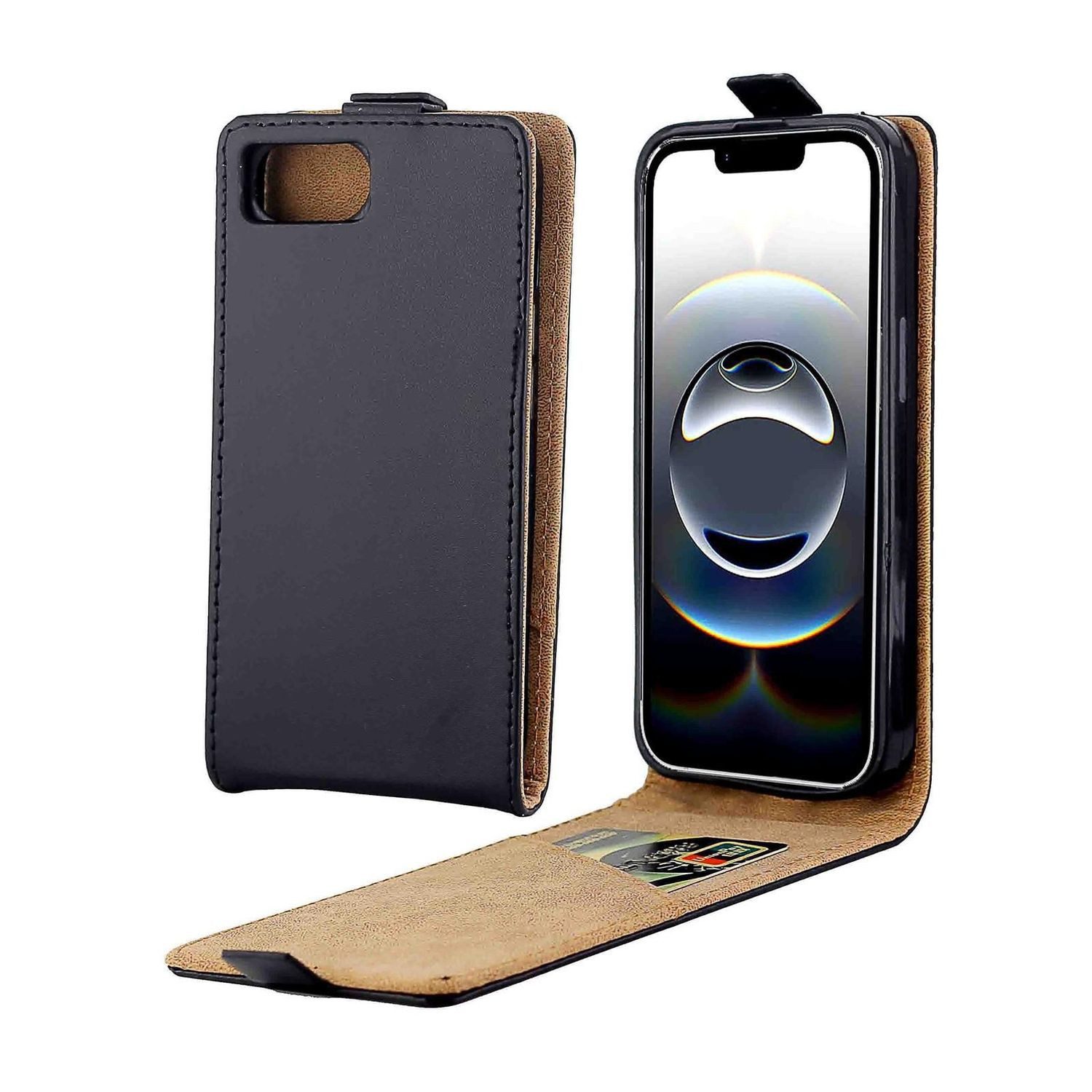Wigento Handyhülle Für Apple iPhone 16e Vertikale Flip Handy Schutz Tasche Hülle Schwarz, Vertikales Flip Kunstleder Handyhülle mit Kartenfach