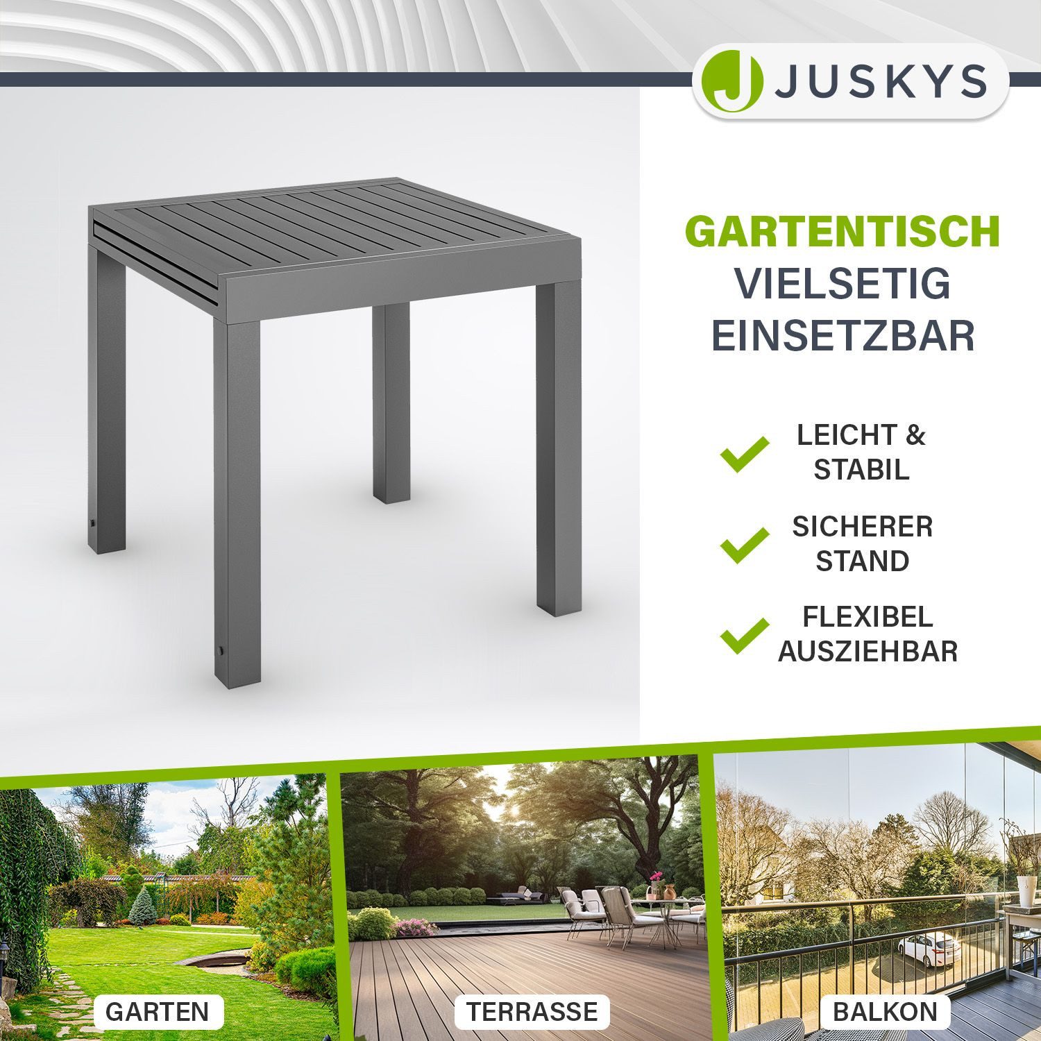 Juskys Gartentisch Laki, 70x70 cm, Aluminium Esstisch zum Ausziehen, Balkonmöbel, Gartenmöbel