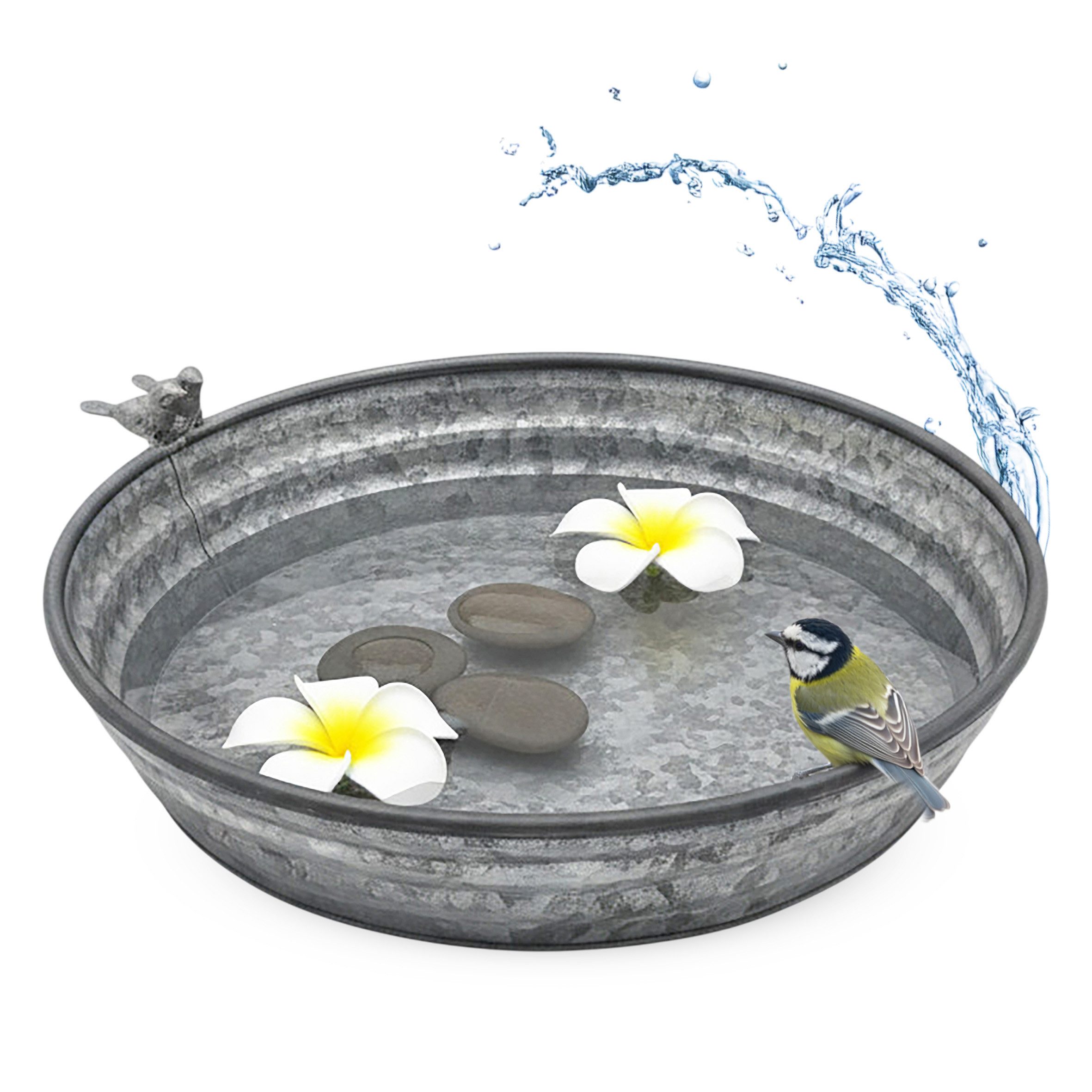 Spetebo Vogeltränke Wassertränke für Vögel aus verzinktem Metall 6 l, einsetzbar als Wassertränke, Mini-Zierteich oder Blumenschale