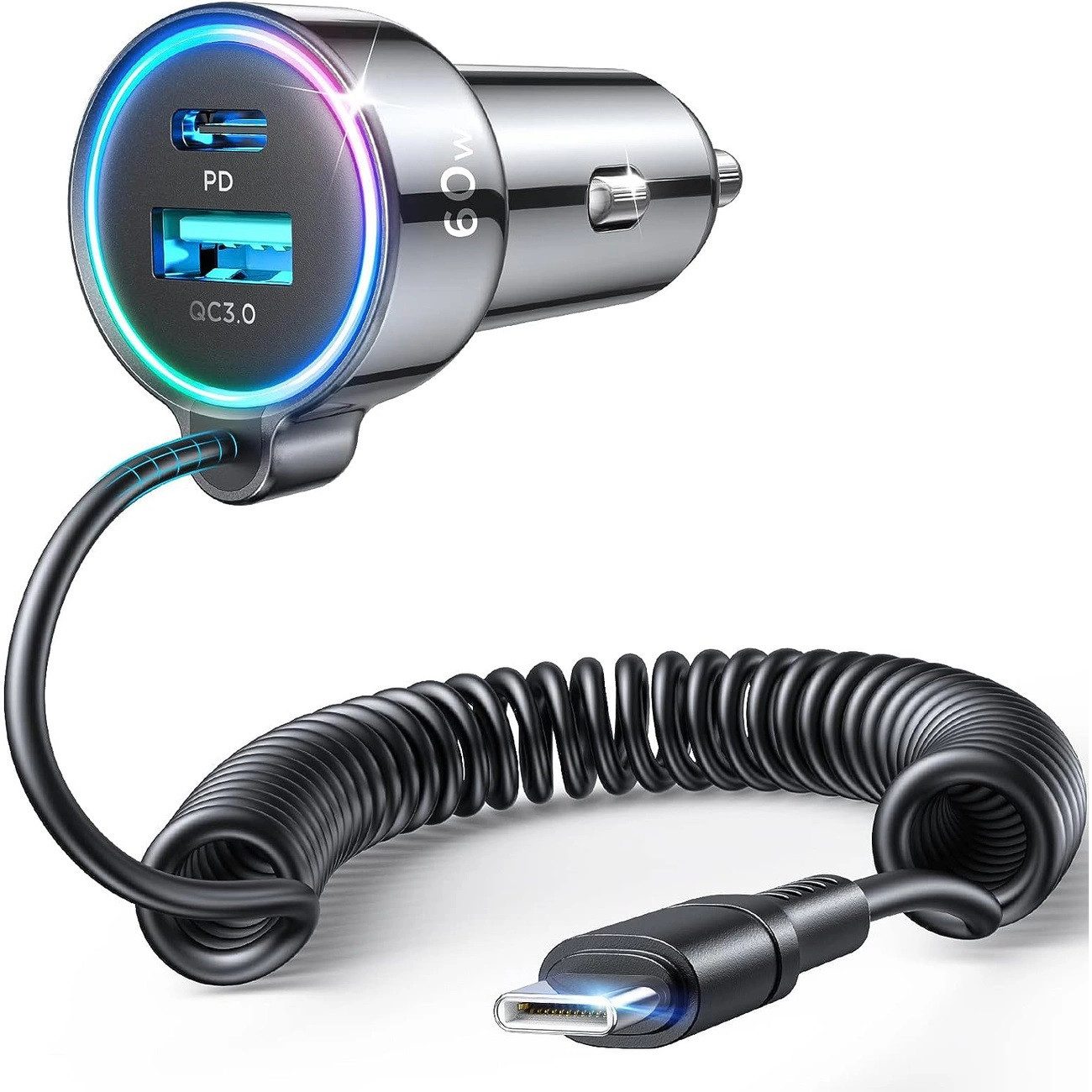 Zigarettenanzünder-Verteiler 3-in-1-Schnellladegerät fürs Auto mit USB-Typ-C-Kabel, 1,6 m, 60 W
