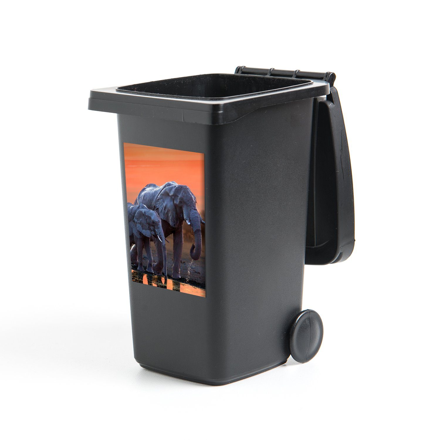 MuchoWow Wandsticker Elefant - Tiere - Sonnenuntergang - Wasser - Orange (1 St), Mülleimer-aufkleber, Mülltonne, Sticker, Container, Abfalbehälter