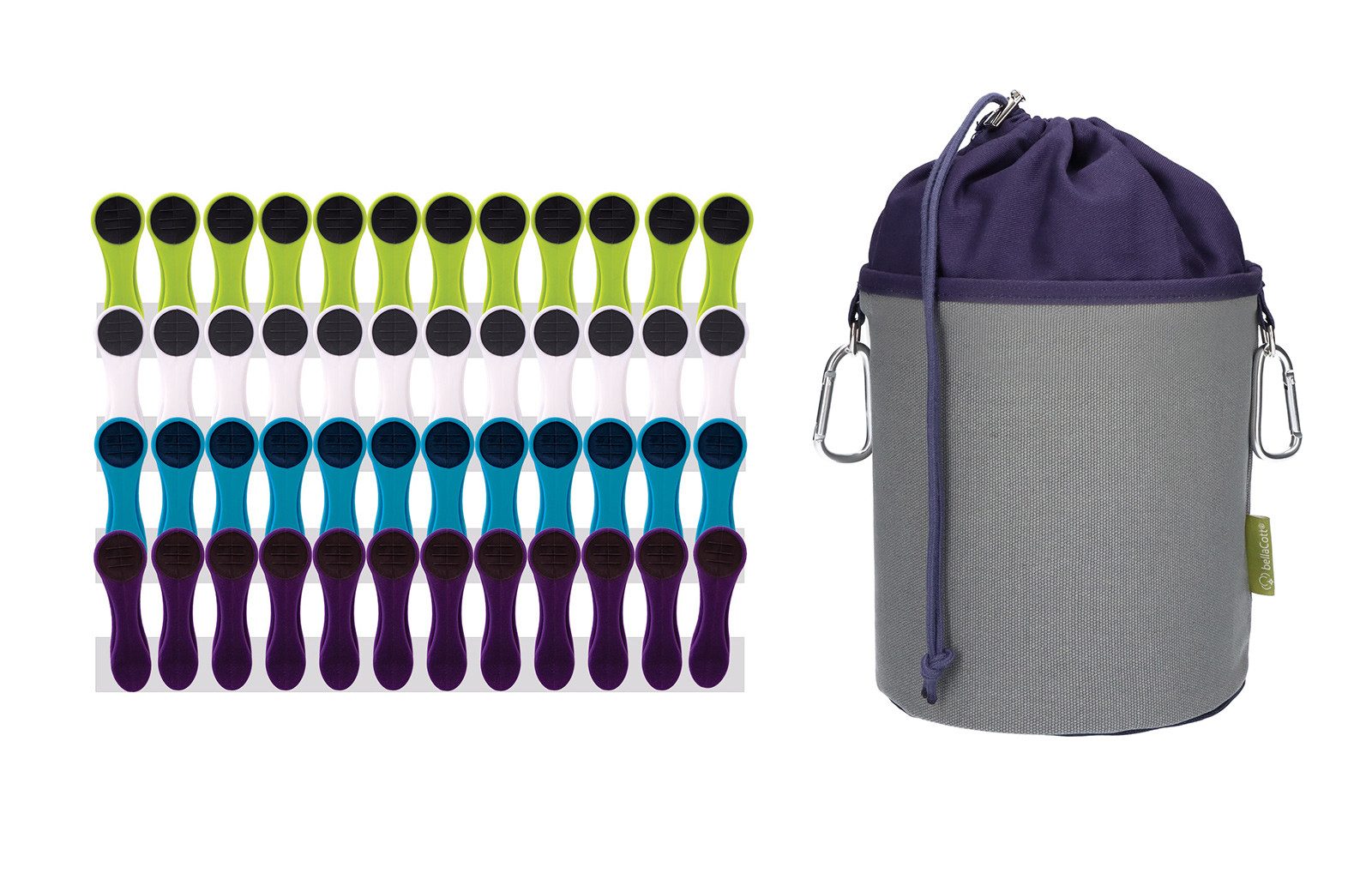 trendfinding Wäscheklammern 48 Wäscheklammern Mehrfarbig Edelstahl, 1 Canvas Klammerbeutel Grau, Mit neuester Klammertechnik für empfindliche Wäsche