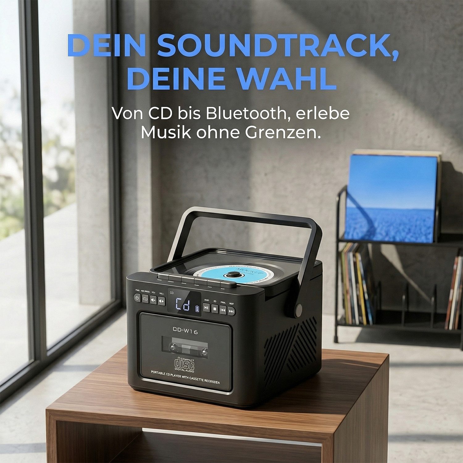 AKKEE mit Bluetooth-Lautsprecher, FM-Radio und Kassettenspieler Stereo-CD Player (USB-/AUX-/SD-Karten-Anschluss, USB-Aufladung)