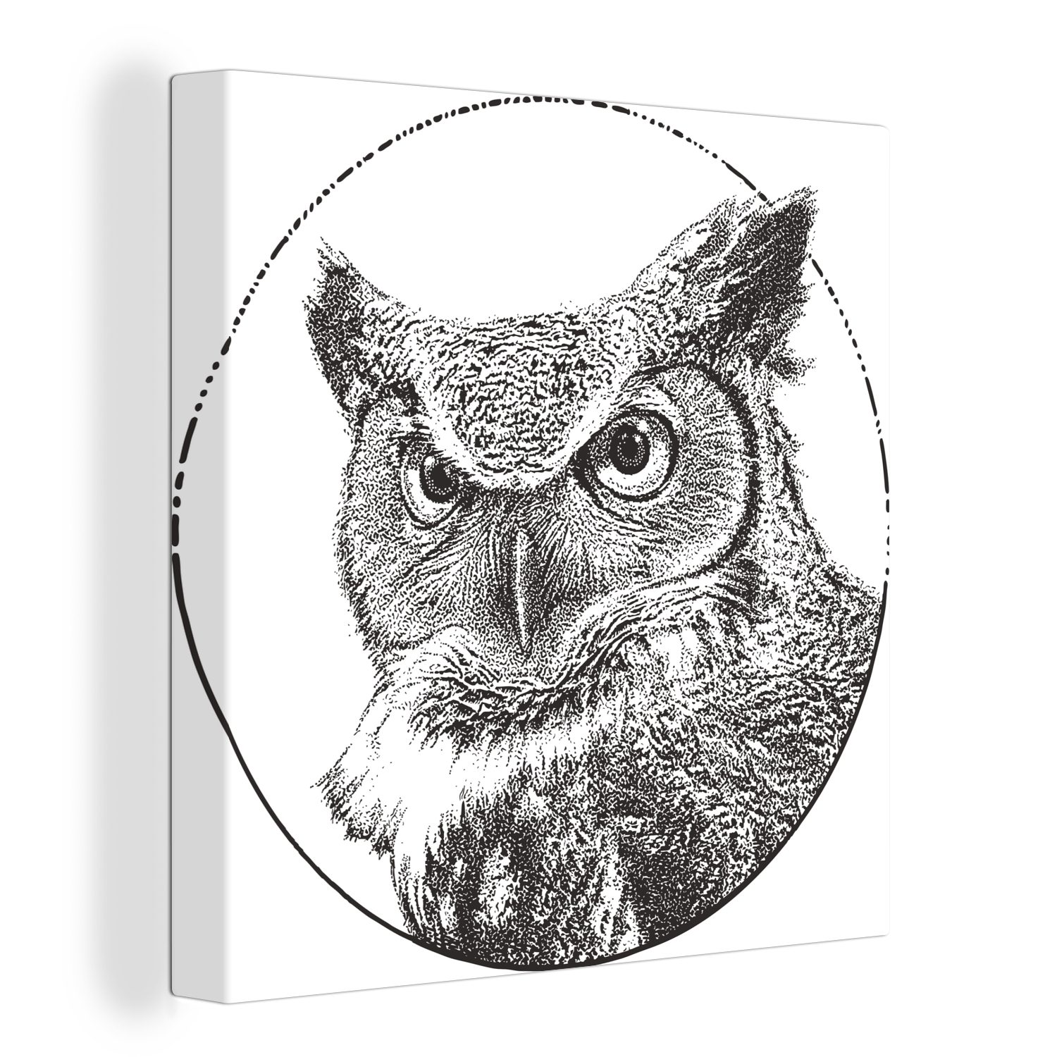 OneMillionCanvasses® Leinwandbild Eine schwarz-weiße Illustration der Great Horned Owl, (1 St), Leinwand Bilder für Wohnzimmer Schlafzimmer