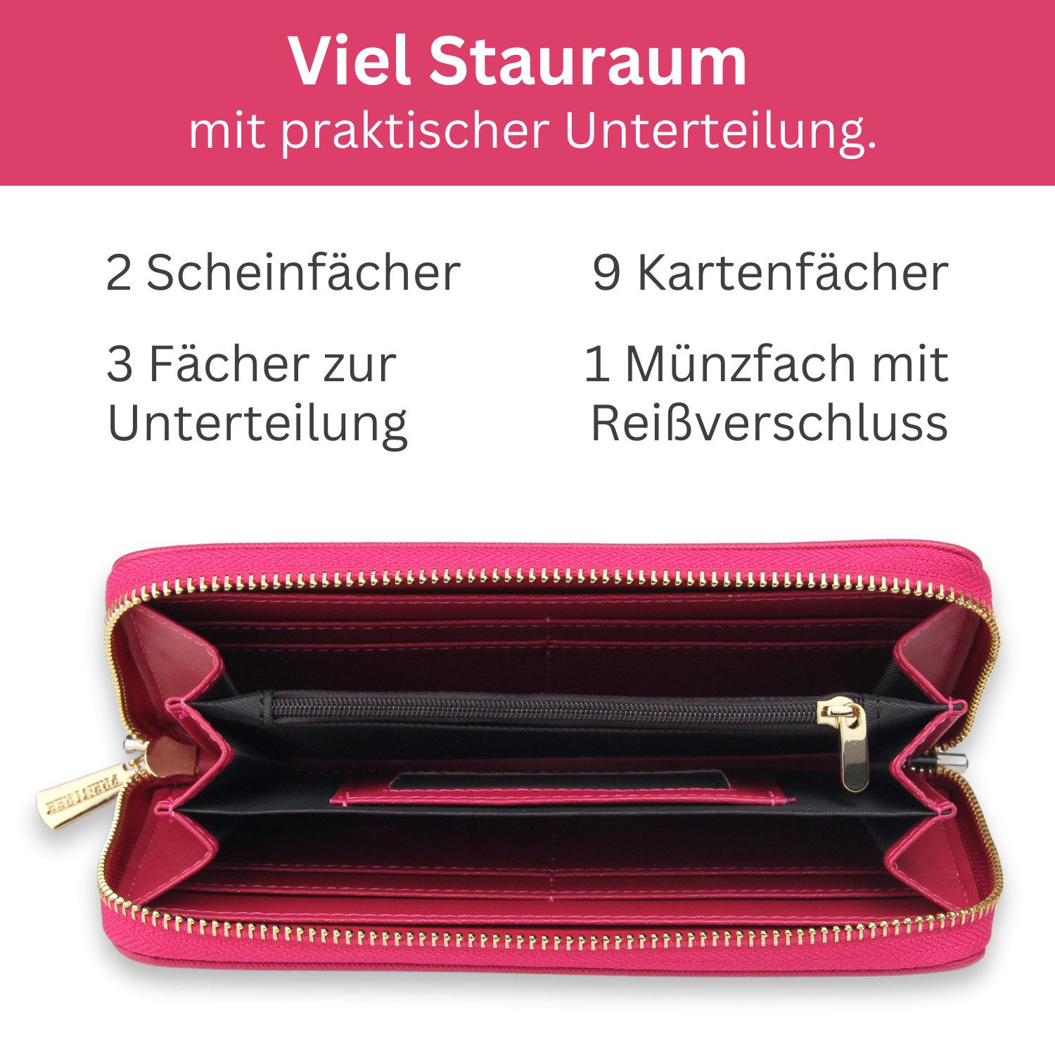 Frentree Geldbörse Damen Portemonnaie mit Rundum-Reißverschluss, 9 Karten, Handyfach, mit 3 große Fächer und RFID-Schutz,inkl. Geschenkbox