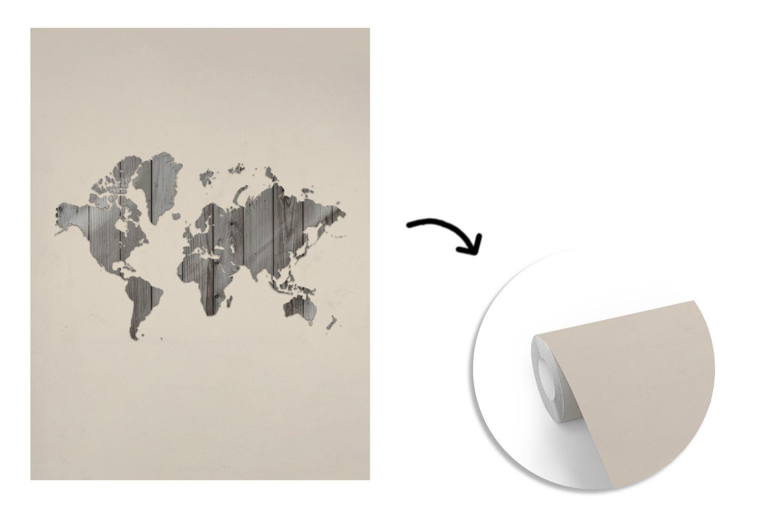 Montagefertig Vinyl Tapete St), Fototapete für Wandtapete bedruckt, Weltkarte Holz - Regal, Matt, - MuchoWow Wohnzimmer, (4