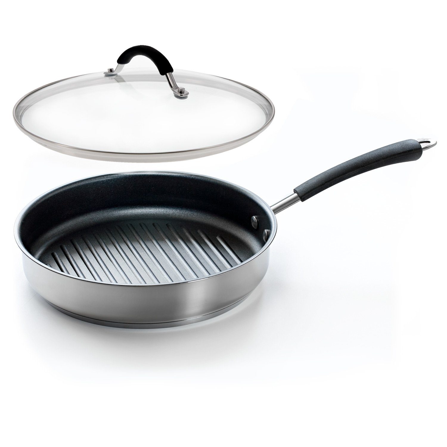 Coolinato Grillpfanne 2tlg Set 26cm Pfanne + Glasdeckel, Edelstahl (Grillpfannenset), mit Silikongriff