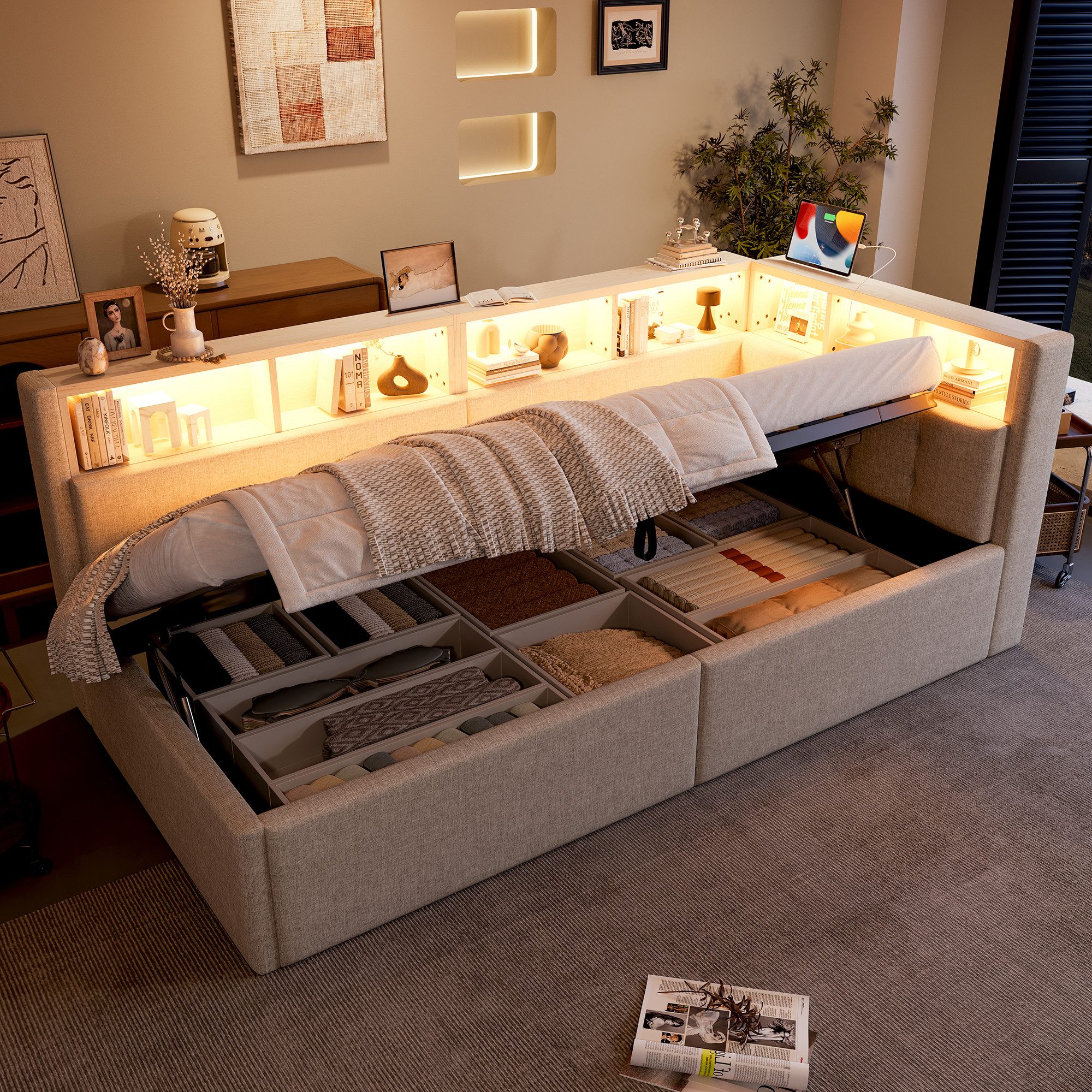 SOFTWEARY Stauraumbett mit LED-Beleuchtung (90x200 cm, mit Lattenrost, Stauraum, Regal, USB und Type-C Anschlüssen), Einzelbett, Polsterbett, Schlafsofa, Leinen