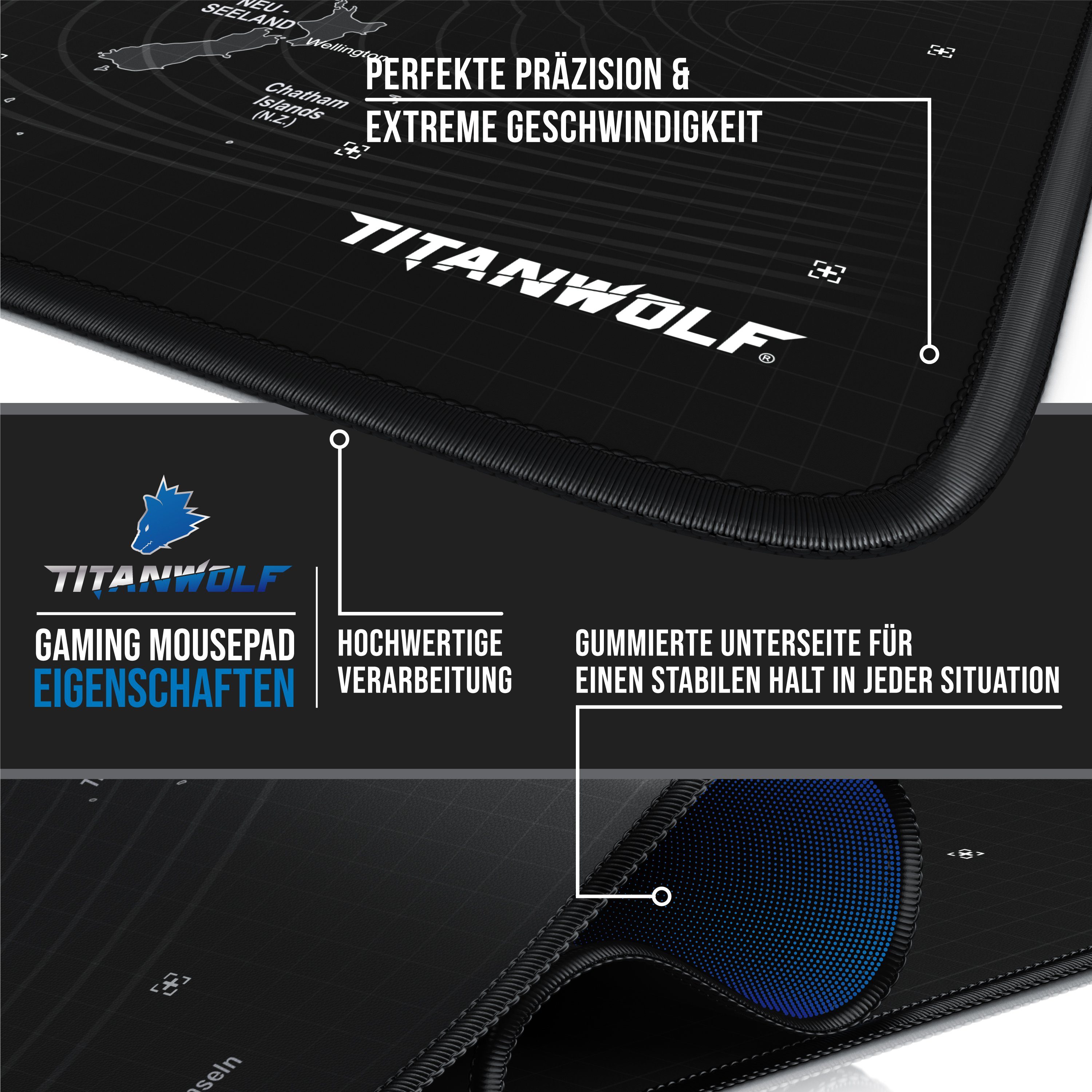 Titanwolf Gaming Mauspad XXL Speed Mousepad 900 x 400 x 3 mm, große Tischunterlage (1-St), rutschfest, abwaschbar, Geschwindigkeit & Präzision, Weltkarte – Bild 3 von 5