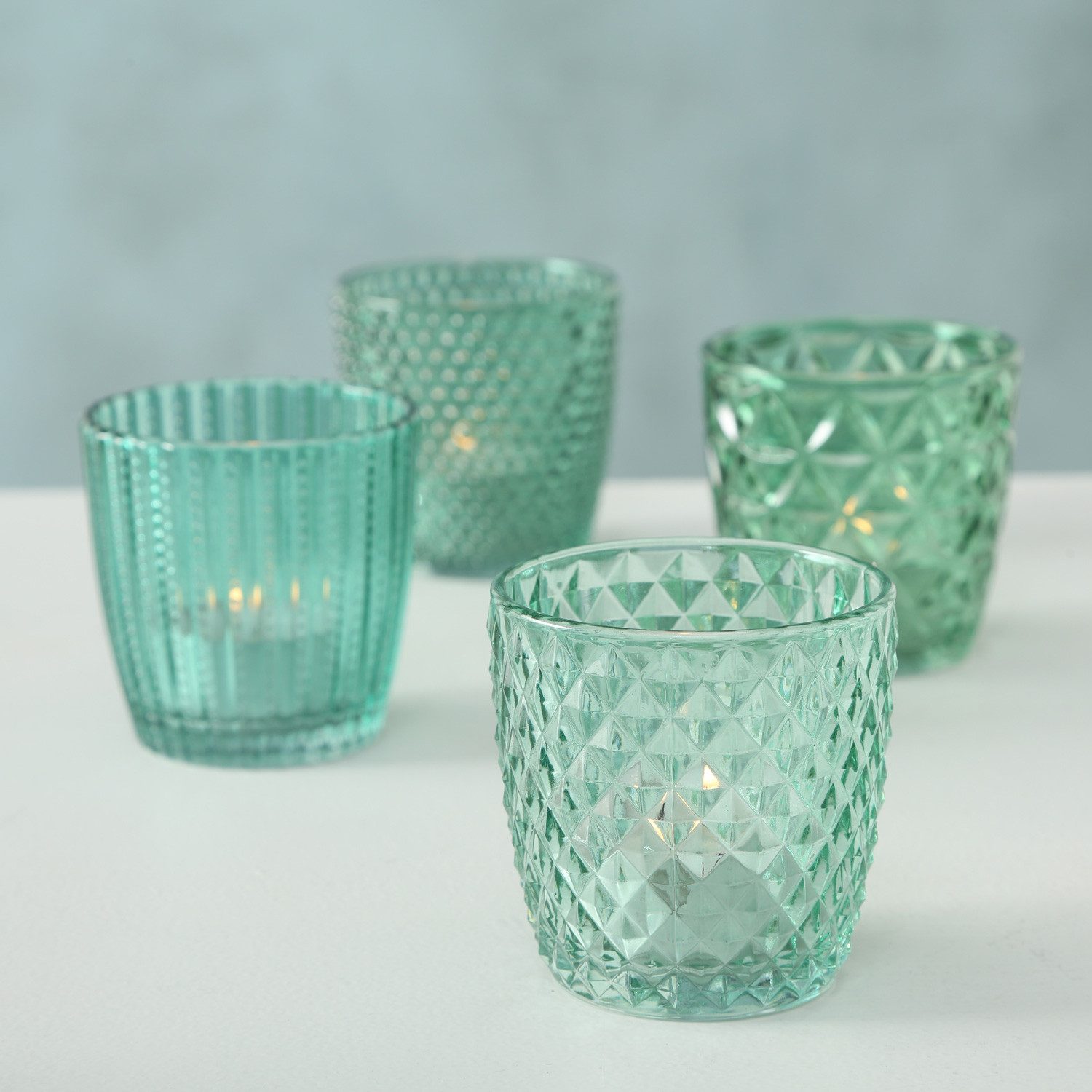 LS-LebenStil Teelichthalter 4´er Set Teelichtgläser Retro Petrol 7cm Glas Windlicht (4´er Set Kristall Ornament Windlicht für Teelichter, 4 St., Halter Kerzenständer Tischdeko Kerzenhalter Gläser für Teelichter), 7x7cm, 4´er Set Kristall Ornament Windlicht für Teelichter