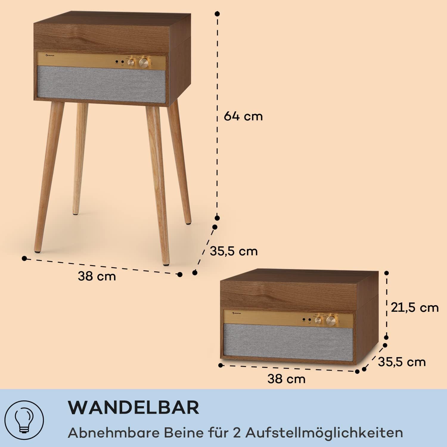 Auna Retro-Schallplattenspieler mit Bluetooth Transmitter & Receiver Plattenspieler (Riemenantrieb 33,3 45 & 78 U/min Stereo)