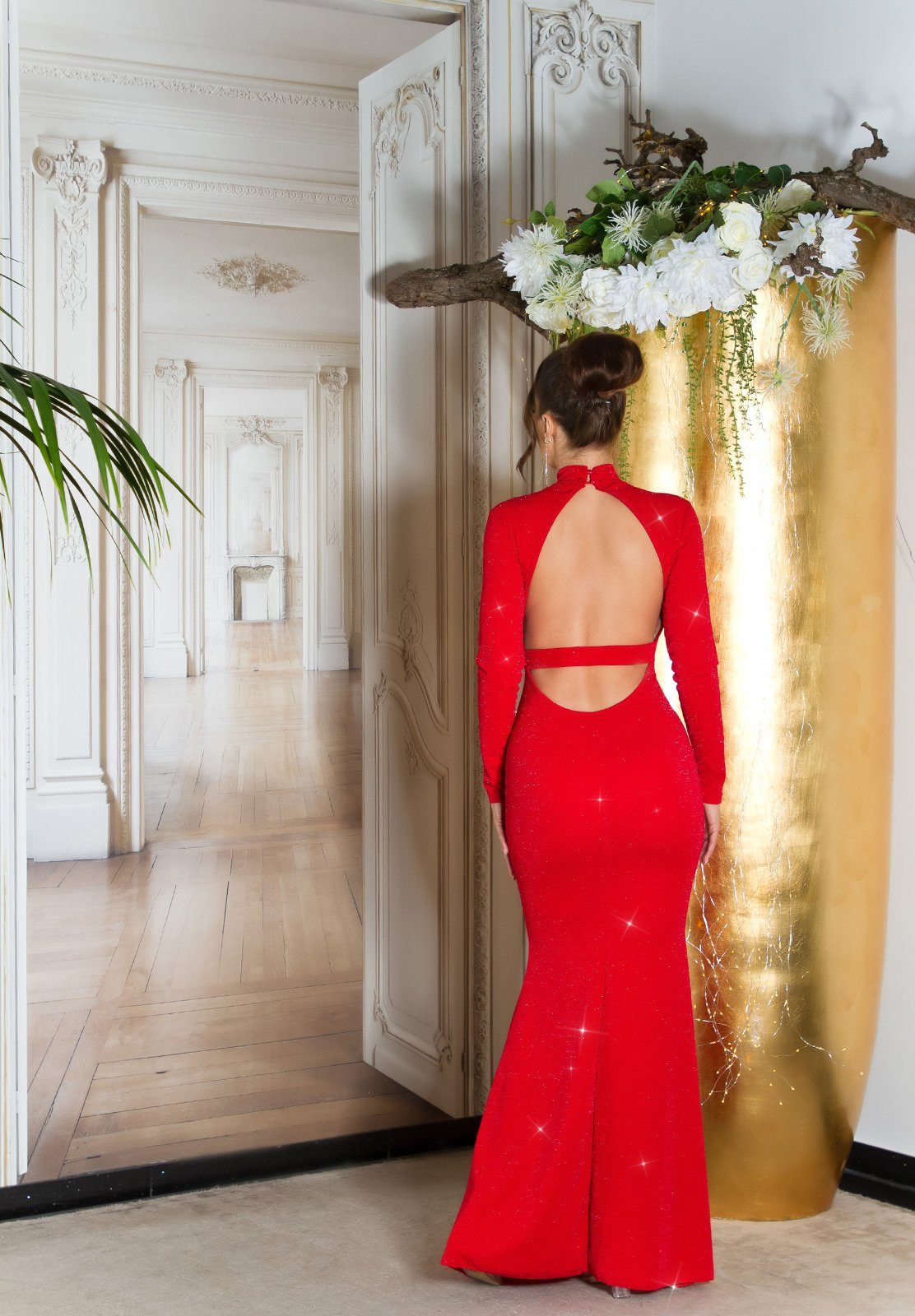 Koucla Rückenausschnitt Maxikleid Abendkleid mit glitzerndes rot