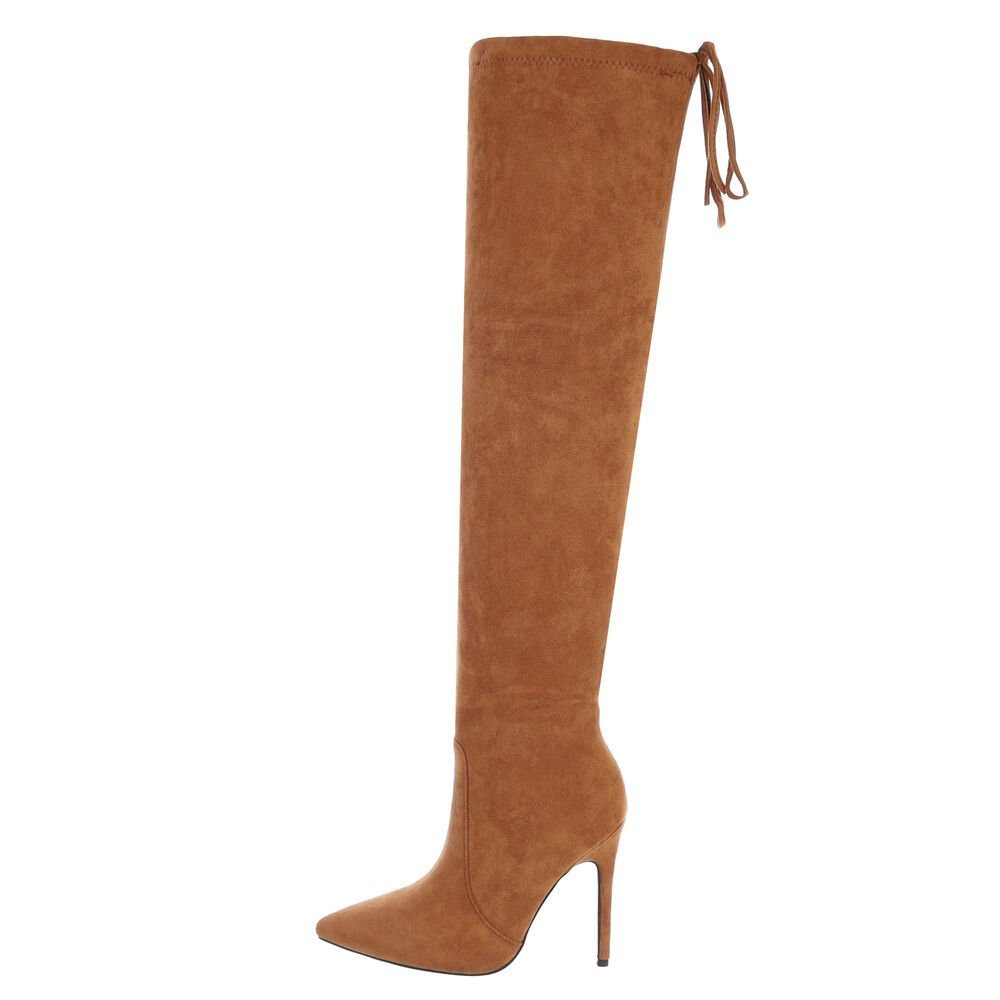 Ital-Design Damen Party & Clubwear Overkneestiefel Pfennig-/Stilettoabsatz High-Heel Stiefel in Camel