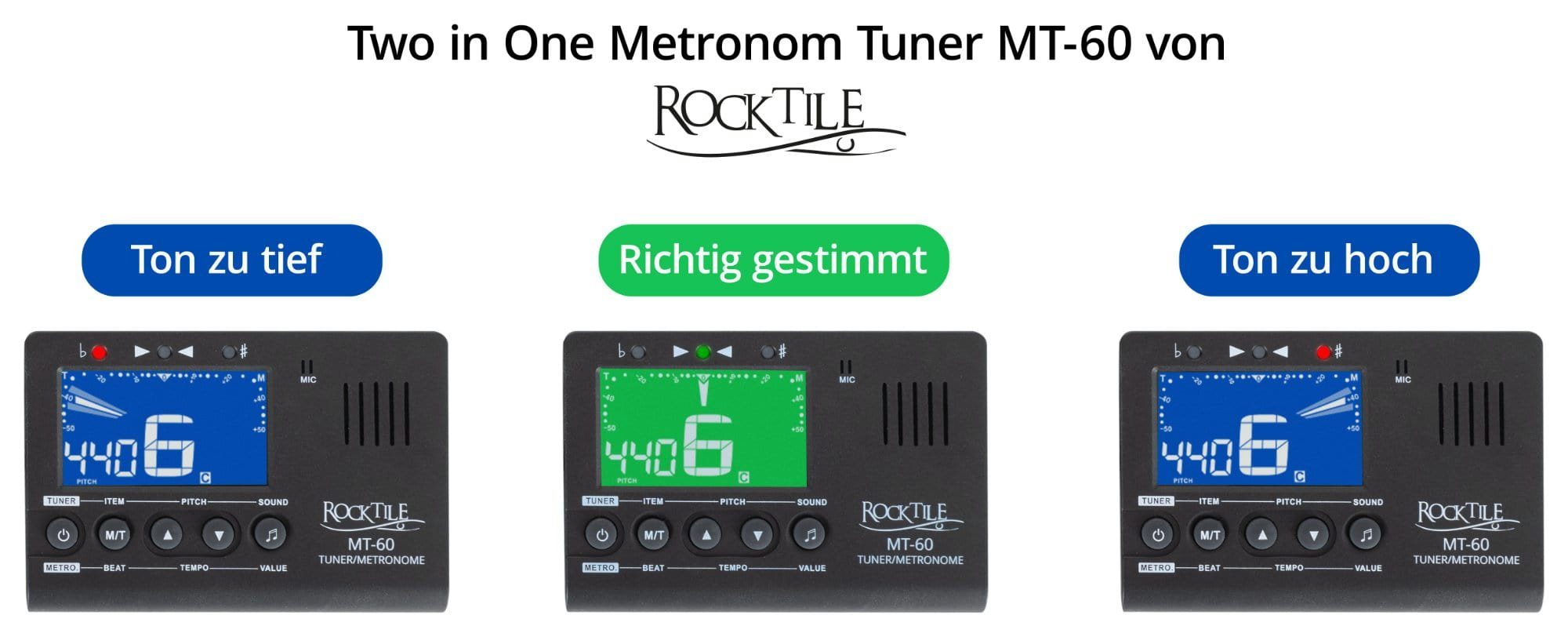 Rocktile Metronom MT-60 Metro-Tuner - Stimmgerät, (3-tlg., mit Mikrofon und Piezo-Sensor), für alle Instrumente geeignet - 5 Stimmmodi