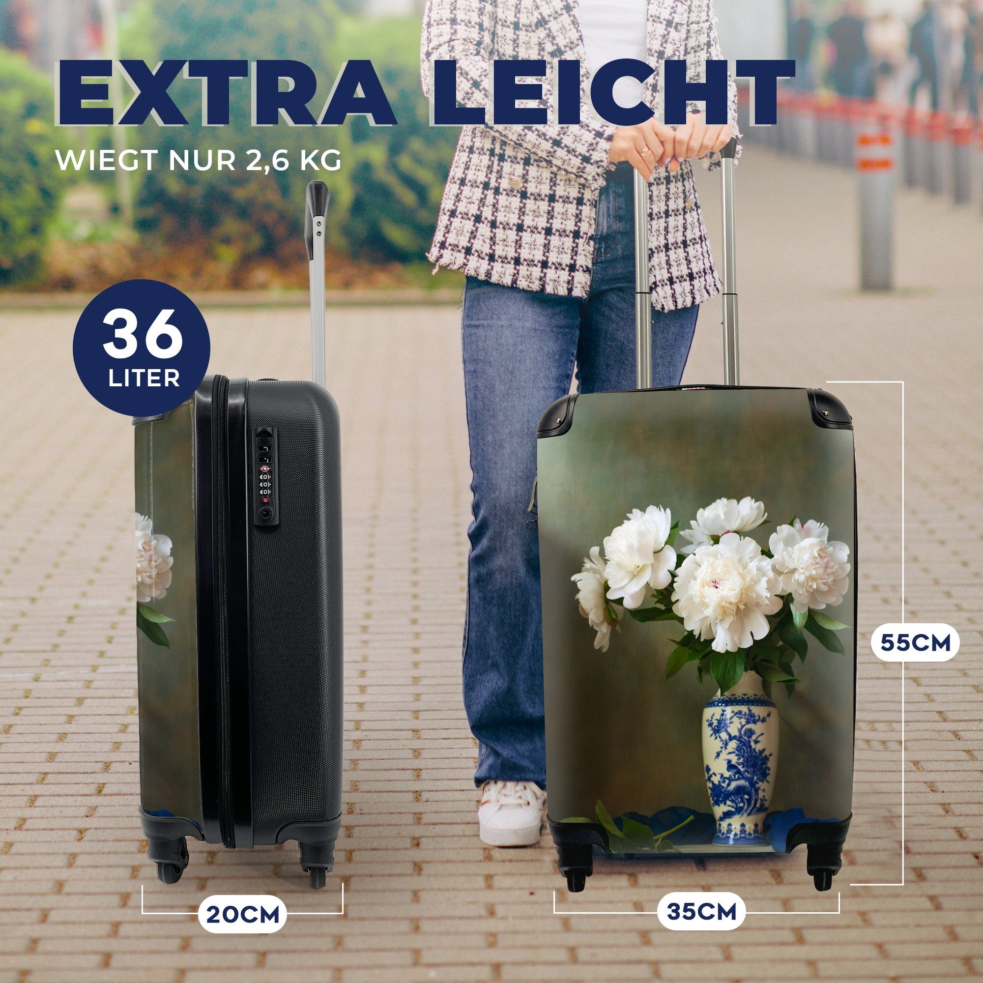 MuchoWow Handgepäckkoffer Vase - Ferien, Handgepäck rollen, mit für Reisetasche Reisekoffer Pfingstrosen Weiß, Trolley, 4 Rollen, 