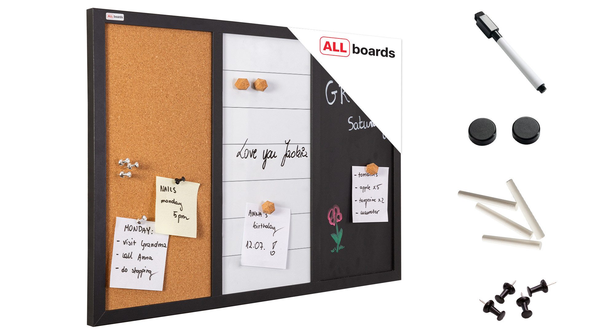 ALLboards Magnettafel 3-in-1-Kombitafel: Whiteboard, Kreide (magnetisch) und Kork, 60×40 cm