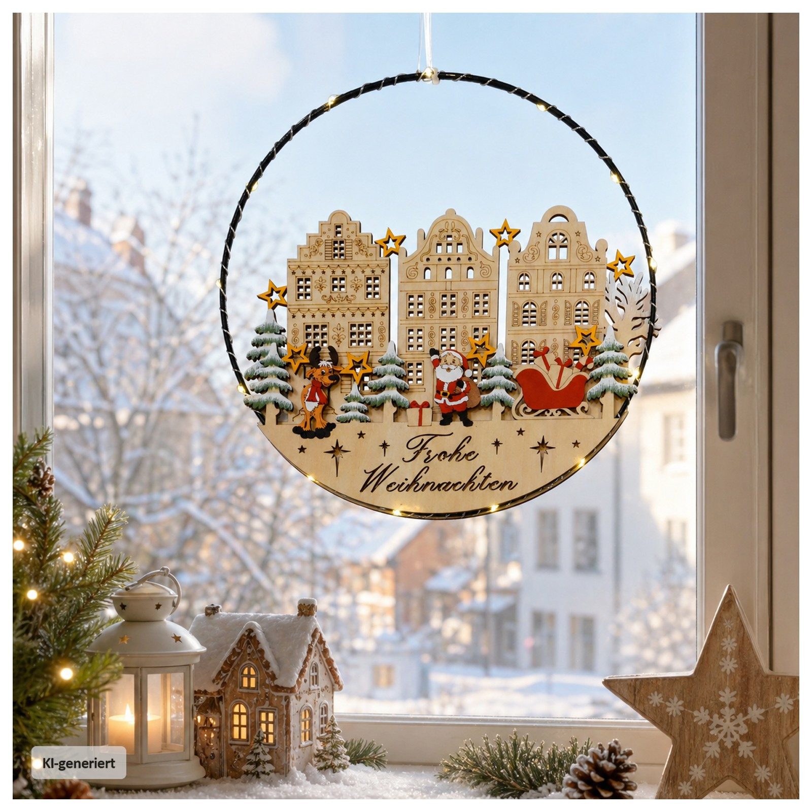 HTI-Living Beleuchtetes Fensterbild LED-Hängedekoration mit Weihnachtsmann und Rentier, Weihnachtliche Fenster- und Türdekoration aus Holz Ø 30 cm