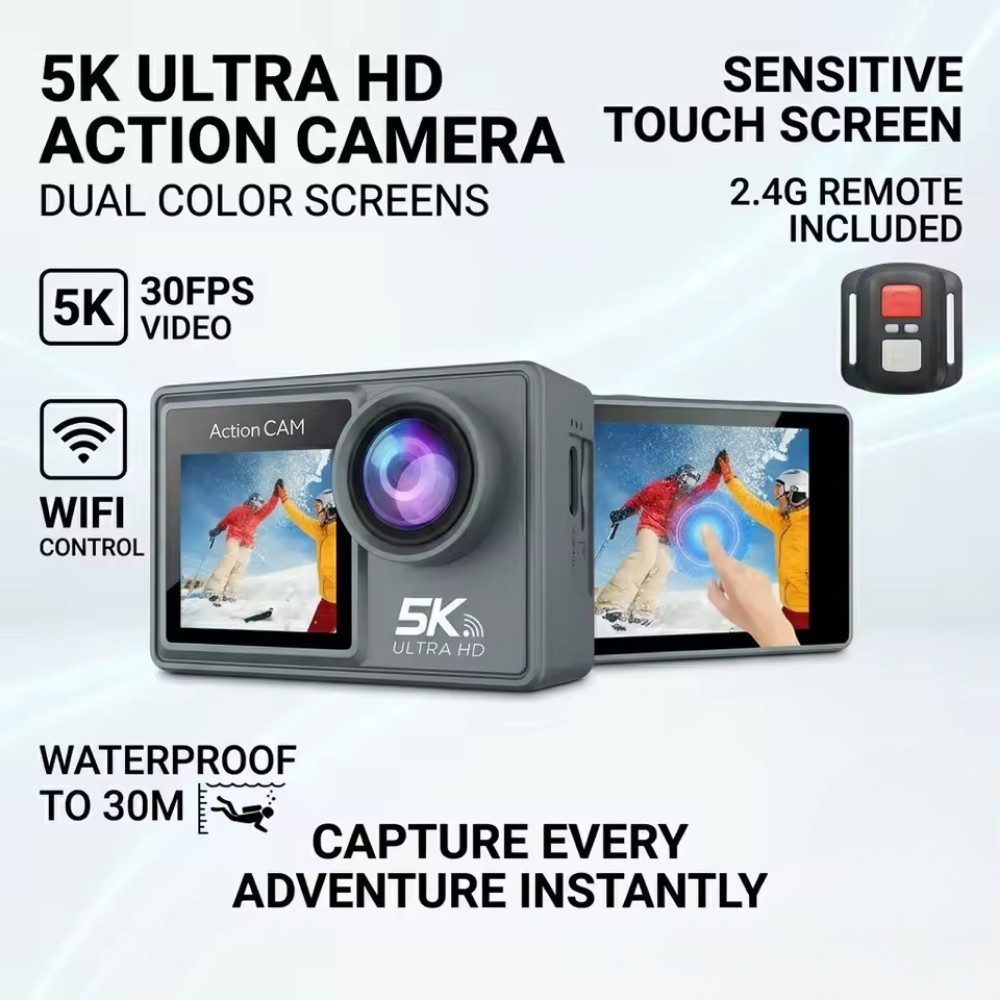 Athlix 5K Dual-Screen Ultra HD Action-/ Sportkamera Action Cam (4K Ultra-HD, Freihändige Auslösung, EIS-Anti-Shake-Technologie)