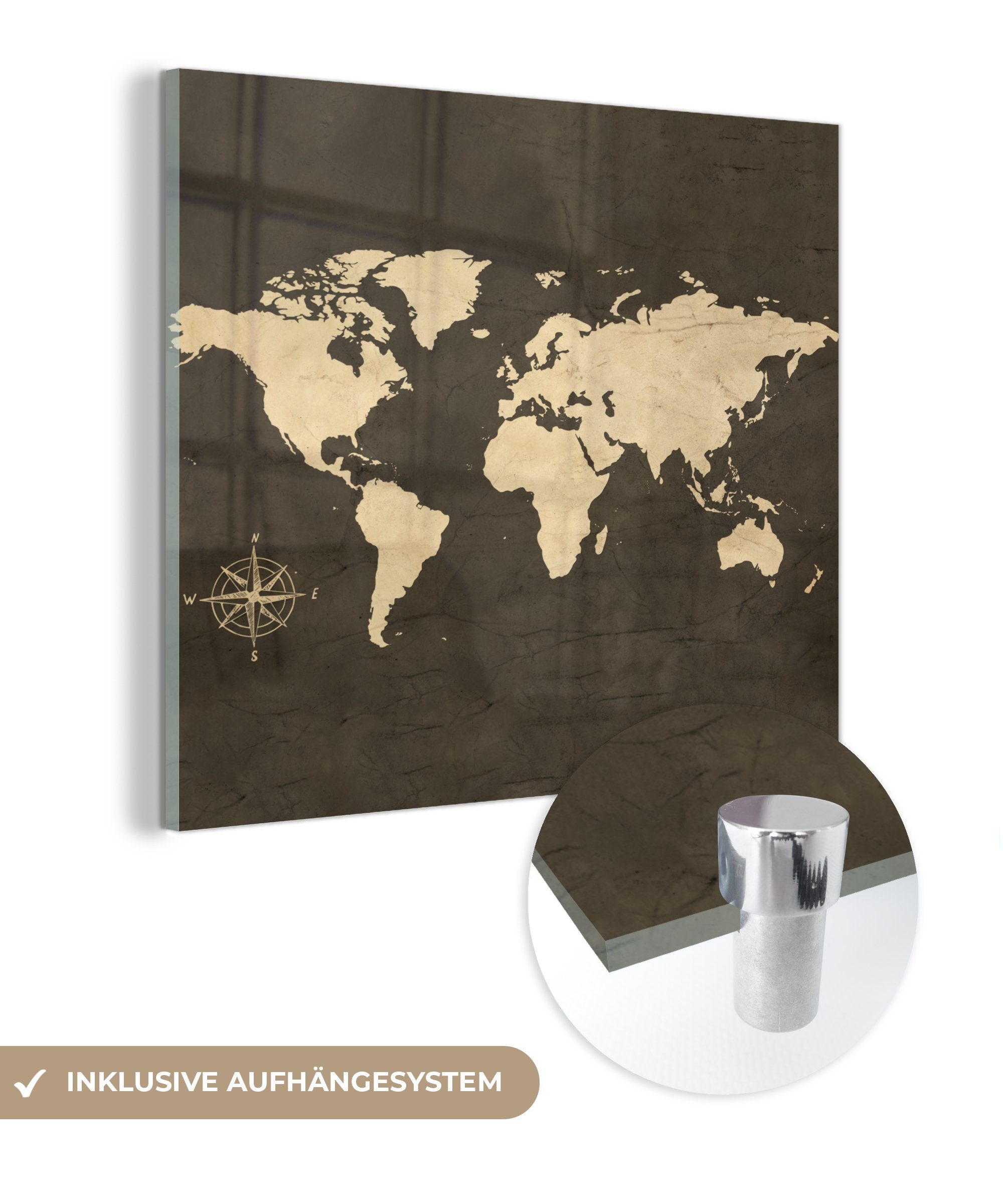 Bilder - Foto MuchoWow auf - Wanddekoration Glas Wandbild Acrylglasbild Glas - - Windrose Weltkarte - auf Weiß, (1 St), Glasbilder