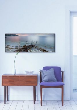 Levandeo® Glasbild, Glasbild 80x30cm Wandbild aus Glas Meer Ozean Steg Strand