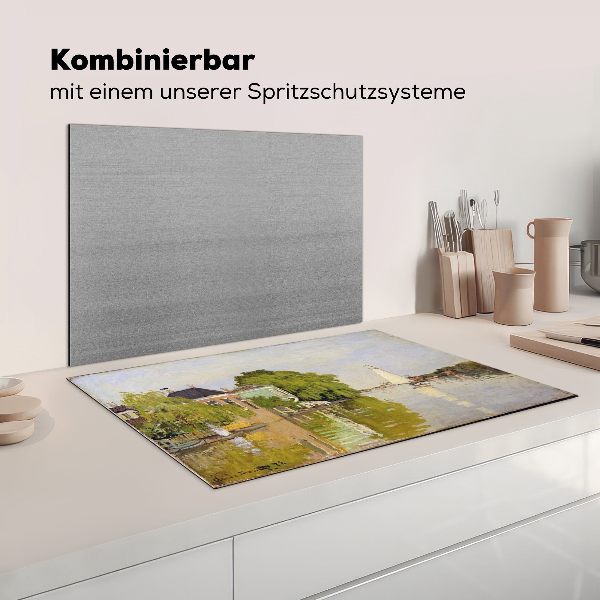 MuchoWow Herdblende-/Abdeckplatte Häuser küche, Vinyl, 81x52 Monet, die tlg), - Induktionskochfeld Schutz von an der cm, (1 Gemälde Ceranfeldabdeckung für Achterzaan Claude