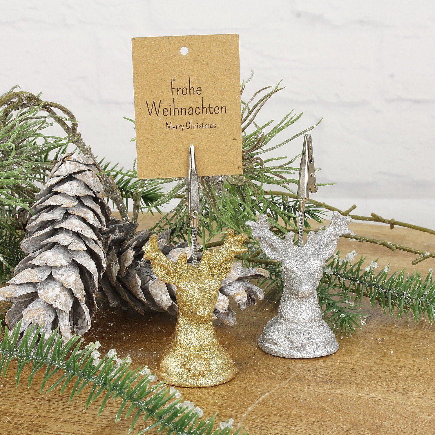 Macosa Home Tischkartenhalter 4er Set Bilderhalter Tischkartenhalter Hirsch Gold Silber Glitzer, Kunststoff, (4er Set), Kartenhalter Bildhalter Tischdekoration Weihnachten Nikolaus