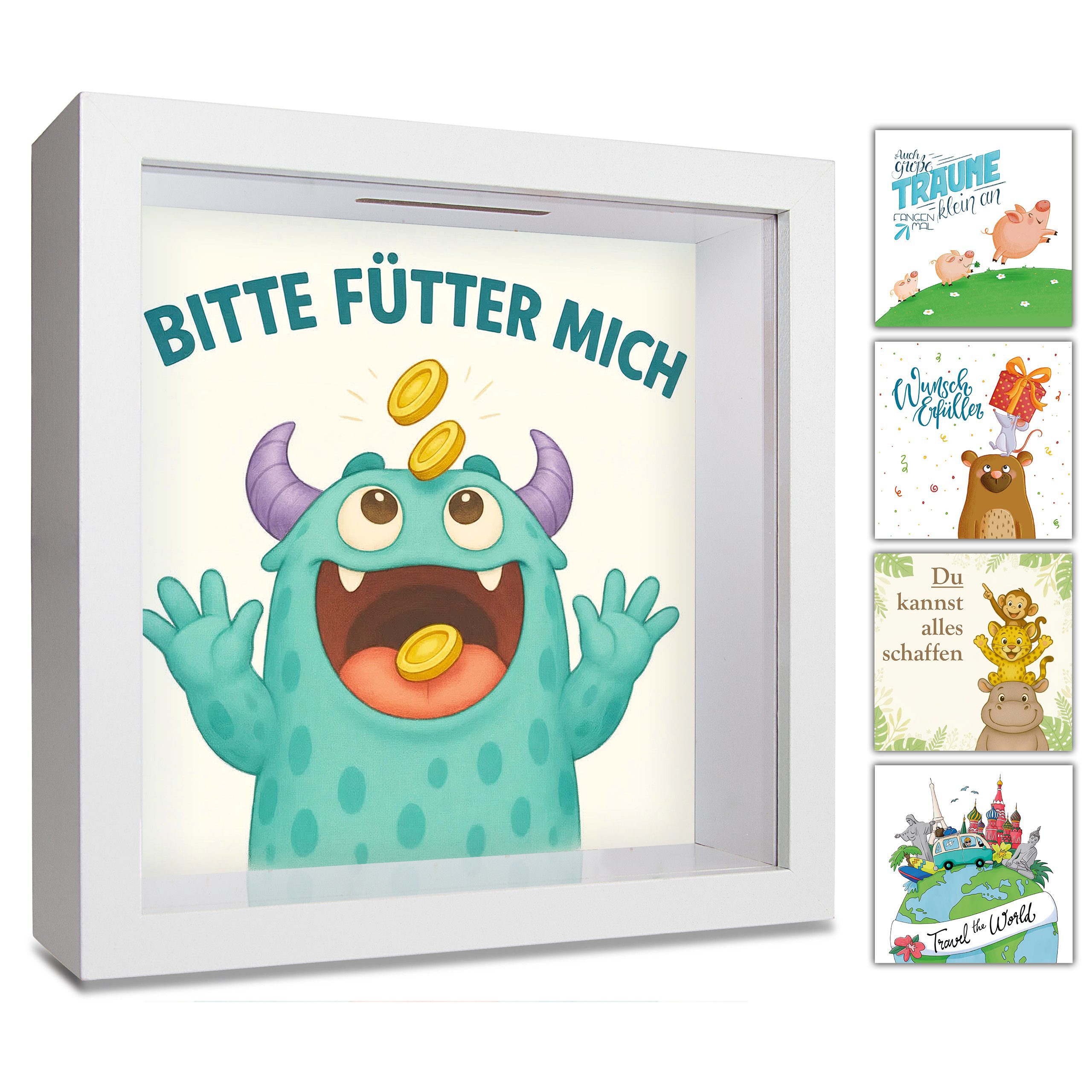 GLÜCKSWOLKE Spardose mit 9 Motive zur Auswahl, (Wunscherfüller, Dream Big, Lebensbaum, Travel, Hochzeit, Sparschwein, Mäuse, Monster, Dschungel, Kinder), Geldgeschenke Verpackung für Geburtstag I Sparbüchse Junge & Mädchen