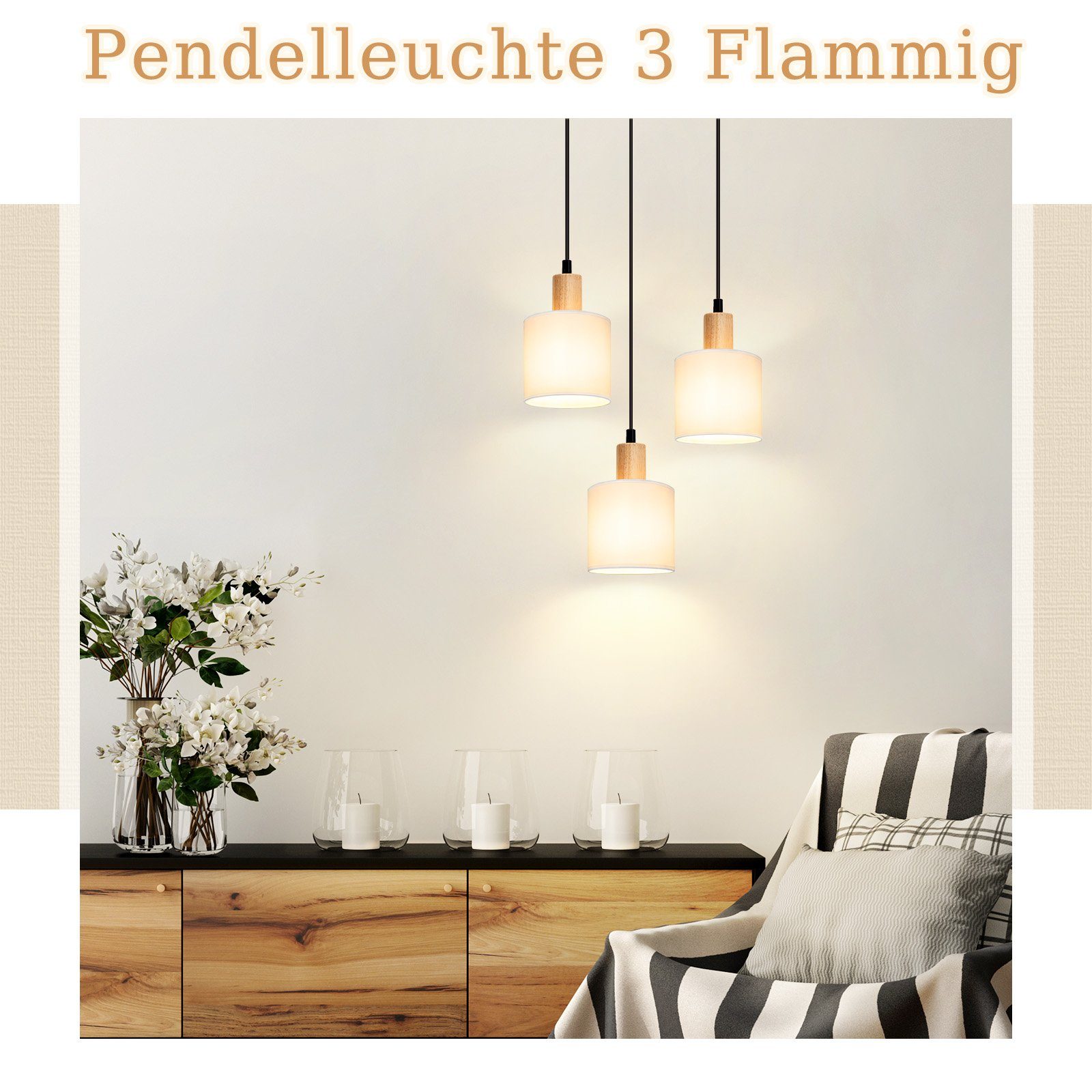 Nettlife Pendelleuchte Vintage Holz Stoff Weiß 1/3 Flammig E14 Rustikale Be günstig online kaufen