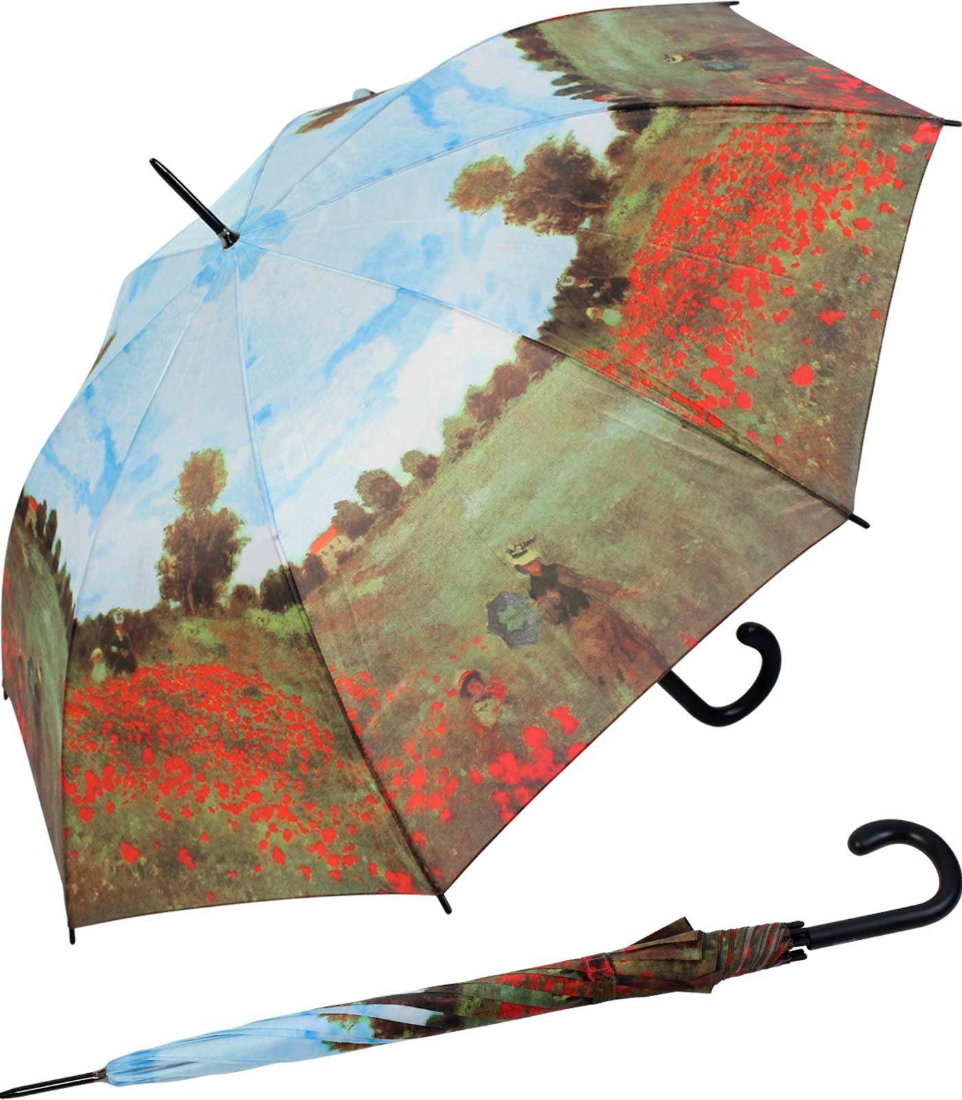 HAPPY RAIN Stockregenschirm großer Regenschirm mit Künstlermotiv für Damen, Motiv Monet Mohnblumenfeld
