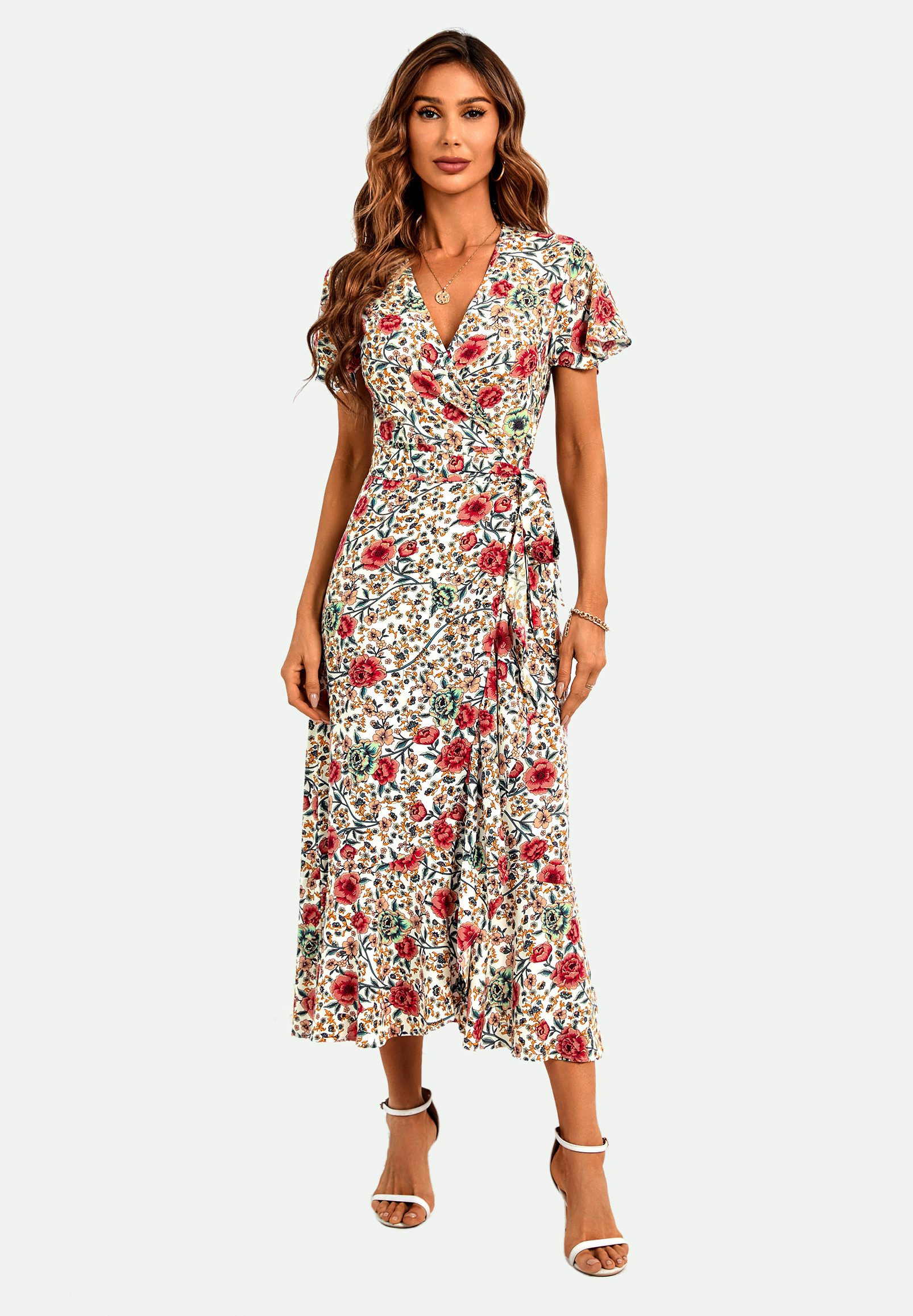 FS Collection Wickelkleid Damen Wickel Midikleid Sommerkleid V-Ausschnitt E günstig online kaufen
