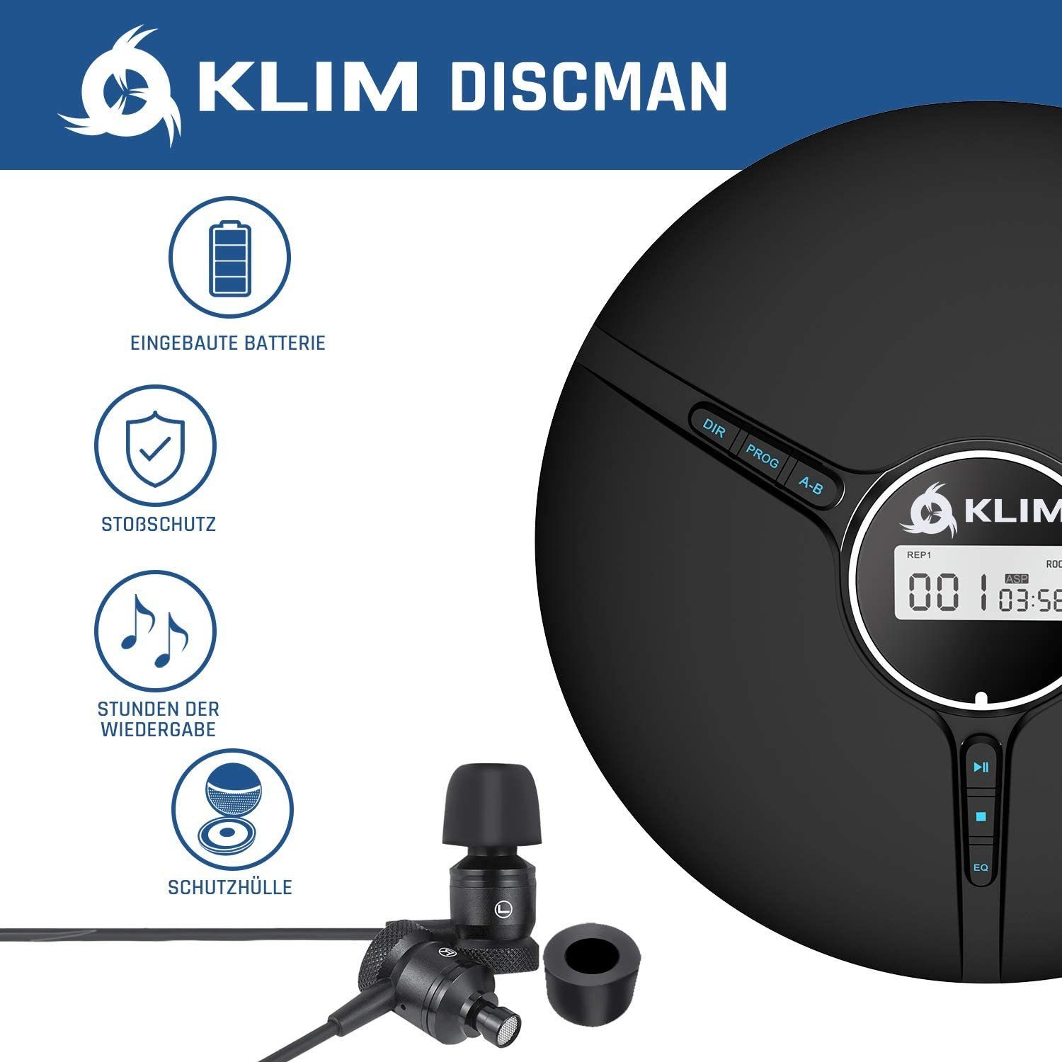 KLIM Tragbarer Player Kopfhörer CD-Spieler unverwechselbares Hörerlebnis) (hochwertiger Stereo-CD Discman, inklusive für Scharz