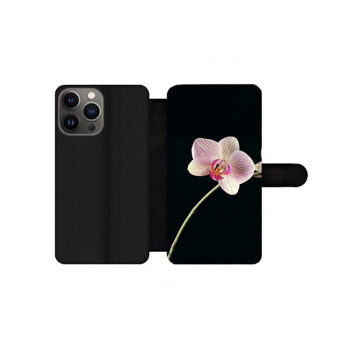 MuchoWow Handyhülle Orchidee - Blumen - Schwarz - Rosa - Knöpfe Handyhülle Telefonhülle Apple iPhone 13 Pro Max