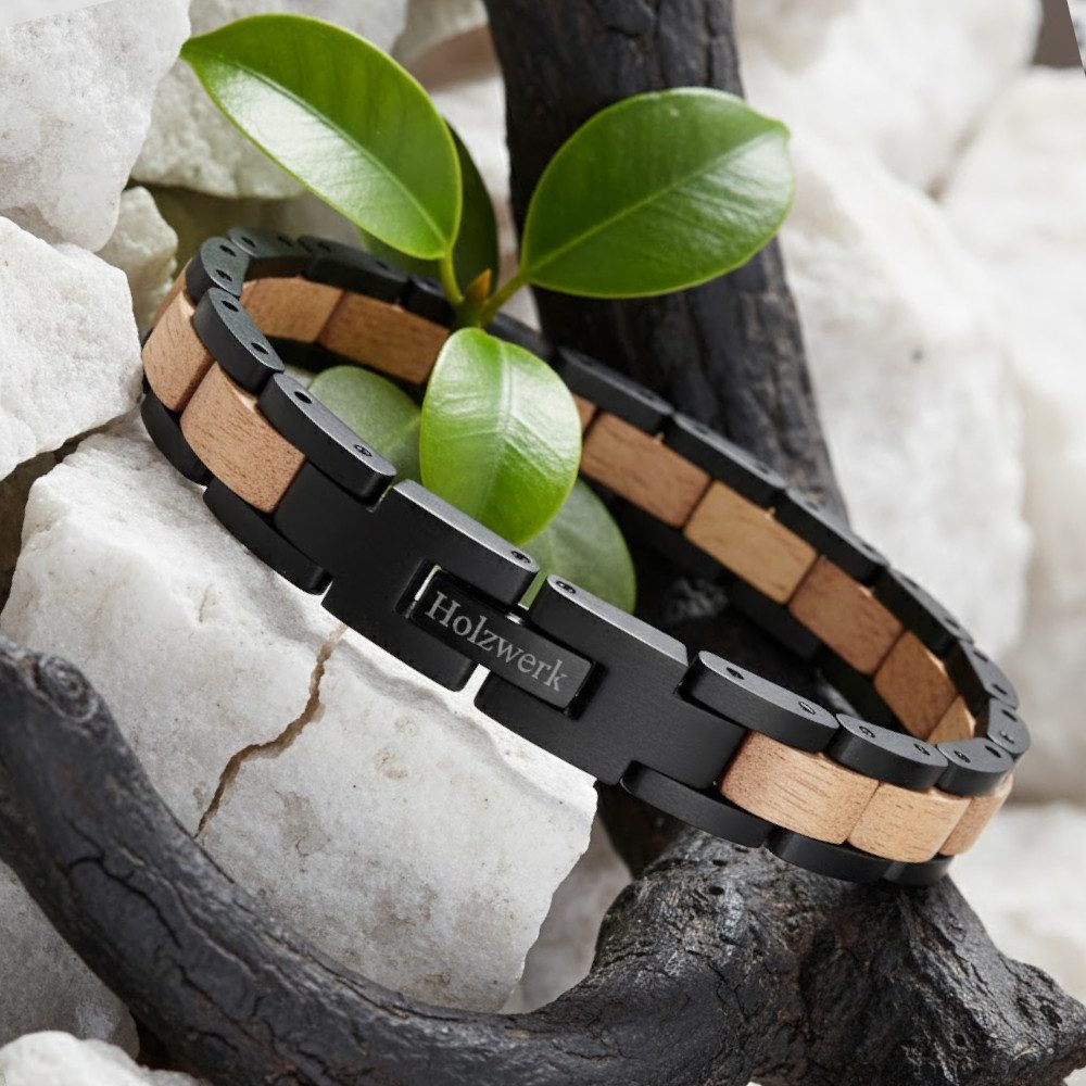 Holzwerk Edelstahlarmband Designer Holz Armband, Armkette Gliederarmband, Holz Unikate inkl. Armbandkürzer, ideal als Geschenk
