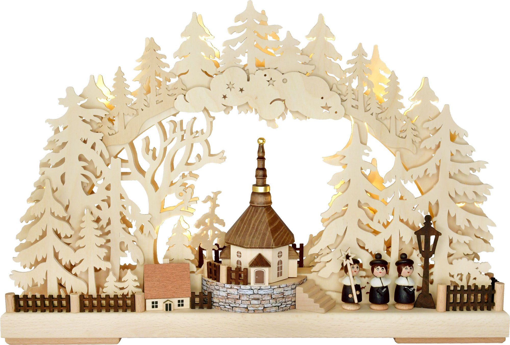 RATAGS LED Schwibbogen 3D-Schwibbogen klein, Dorfkirche, Höhe 39 cm, Handarbeit aus dem Erzgebirge