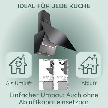 GURARI Wandhaube GCH D 286 BL 6 PRIME N+Umluft, Dunstabzugshaube 60 cm, Schwarz Glas, 1000m³/h,Fernbedienung