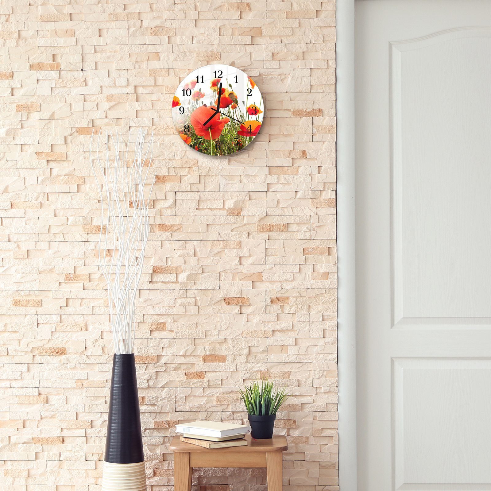 Primedeco Wanduhr Wanduhr Rund malerisch aus mit - Motiv cm und Quarzuhrwerk Tulpen 30 Glas mit Durchmesser