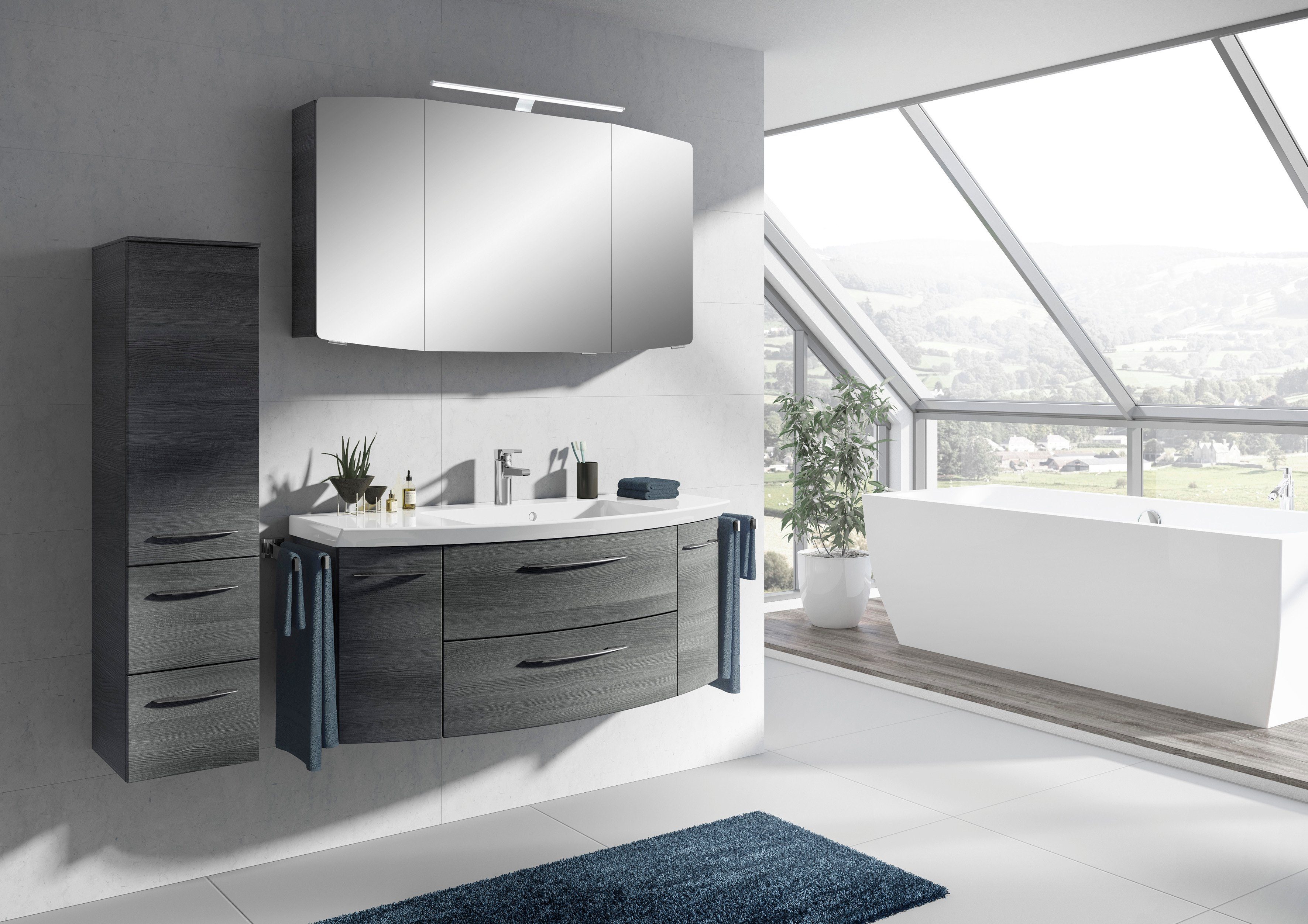 Saphir Badmöbel-Set Cassca Sprint 3-teilig Mineralmarmor-Waschtisch mit LED-Spiegelschrank, (4-St), mit Midischrank, inkl. Türdämpfer, 6 Türen, 4 Türen