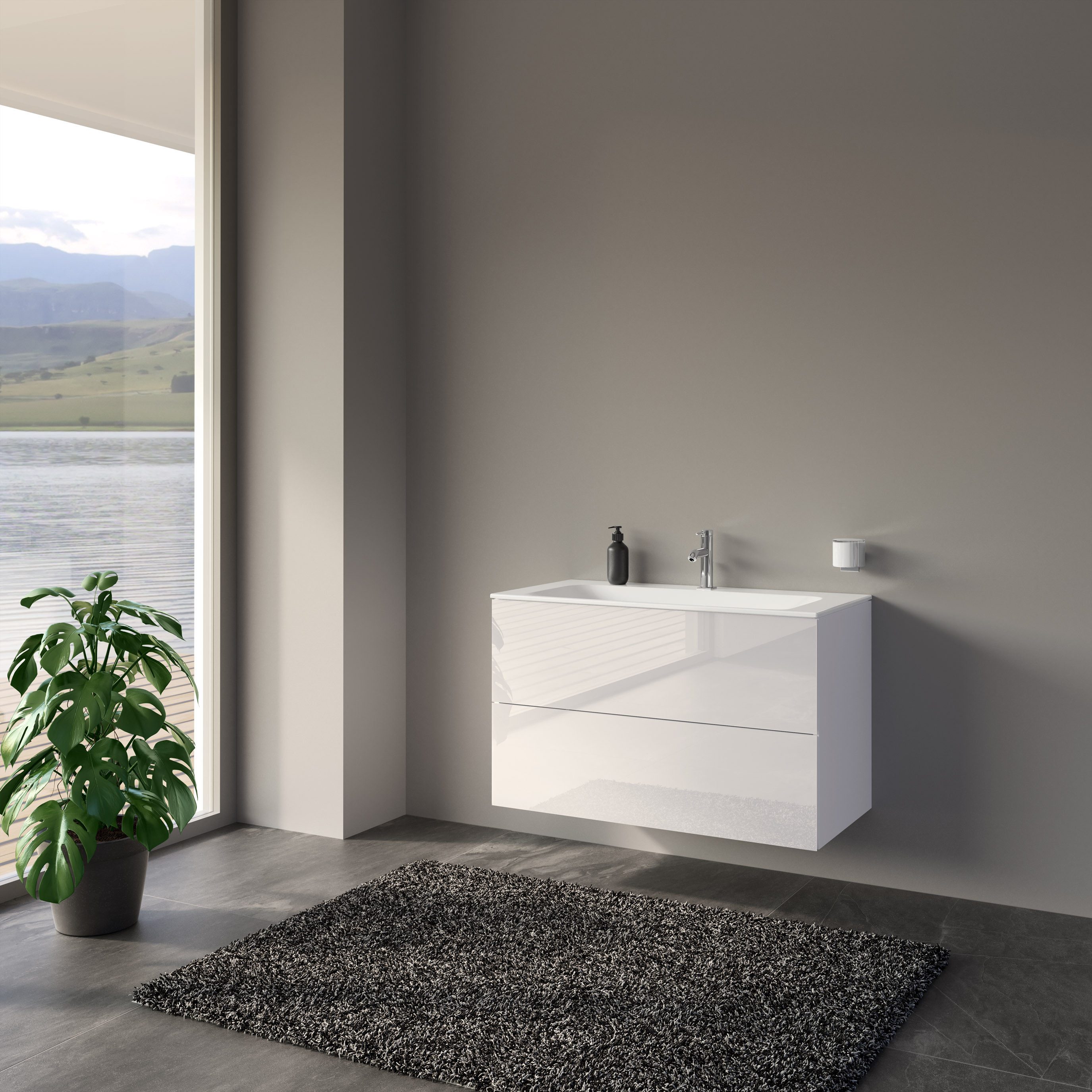 Keuco Badmöbel-Set LUCA, (Set, 2 teilig, Badmöbel-Set mit Waschtisch und Unterschrank), mit Waschtischunterbau mit 2 Auszügen und Keramik-Waschtisch, 100 cm